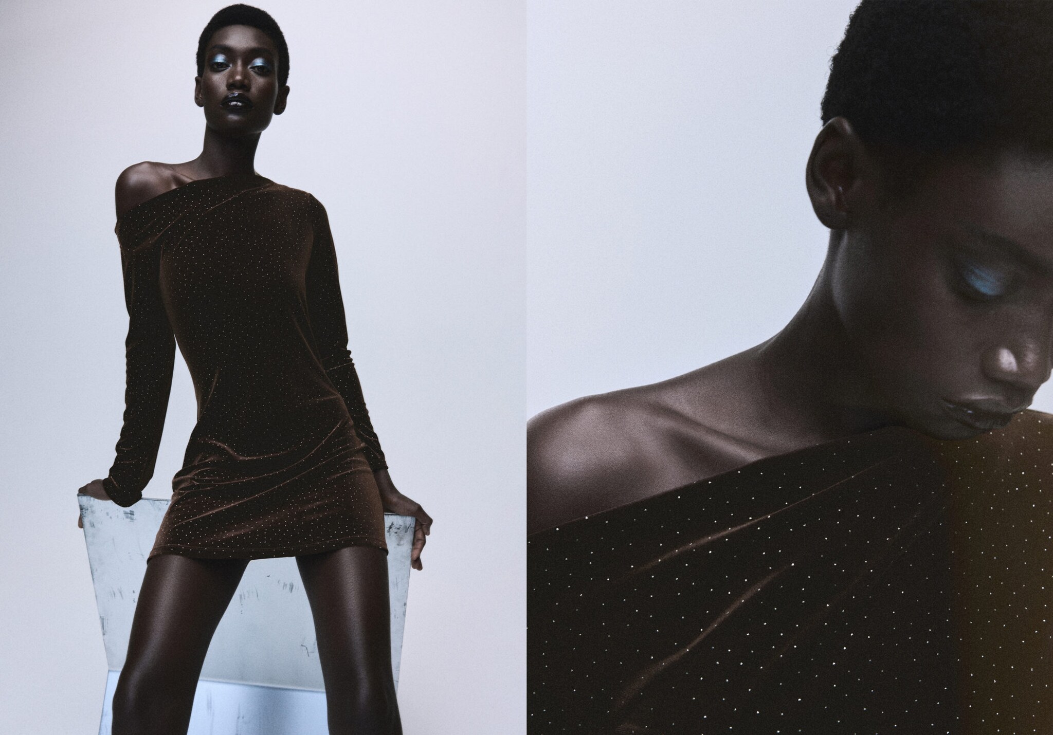 Asymmetrical velvet dress with shiny details - Panoramic plane