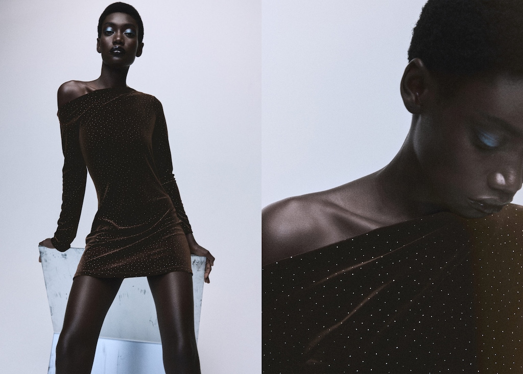 Asymmetrical velvet dress with shiny details