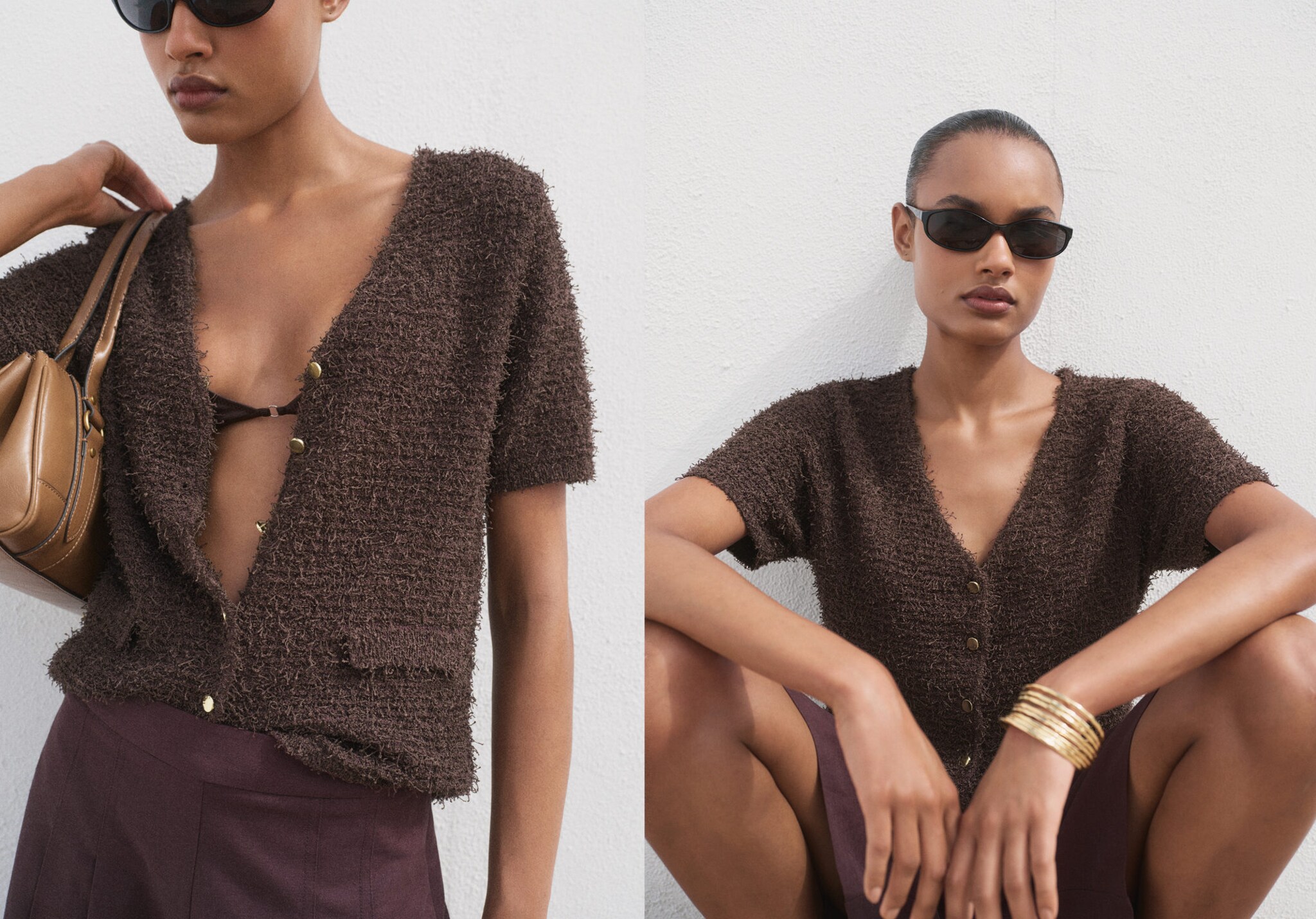 Short-sleeved bouclé cardigan - Panoramic plane