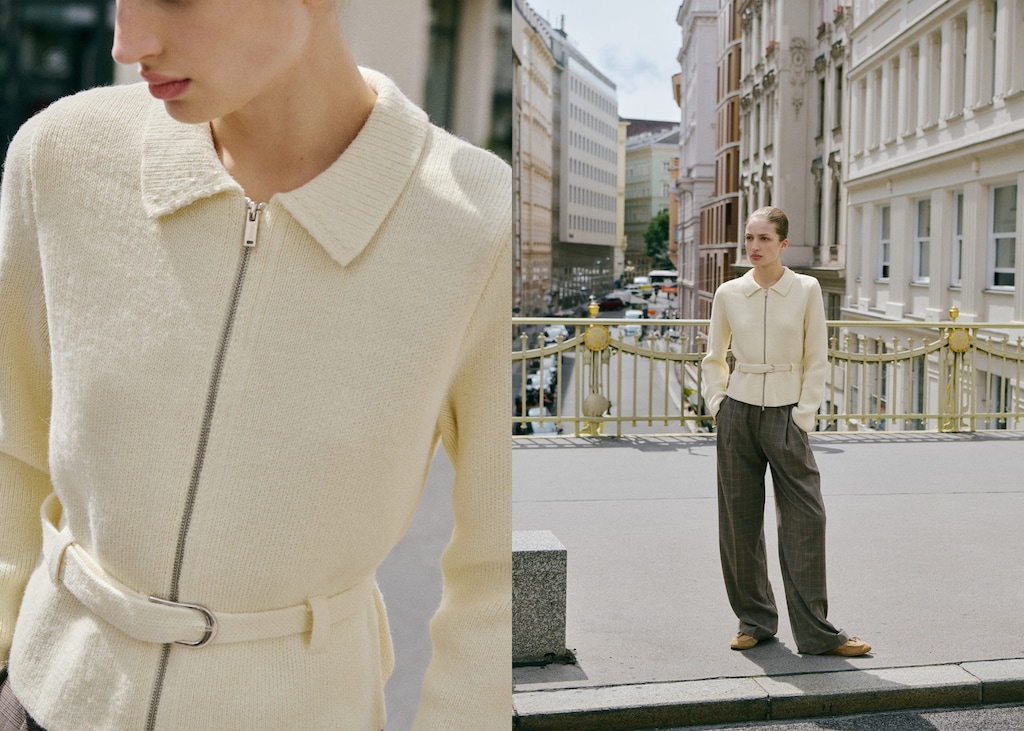 Knitted jacket with belt and buckle