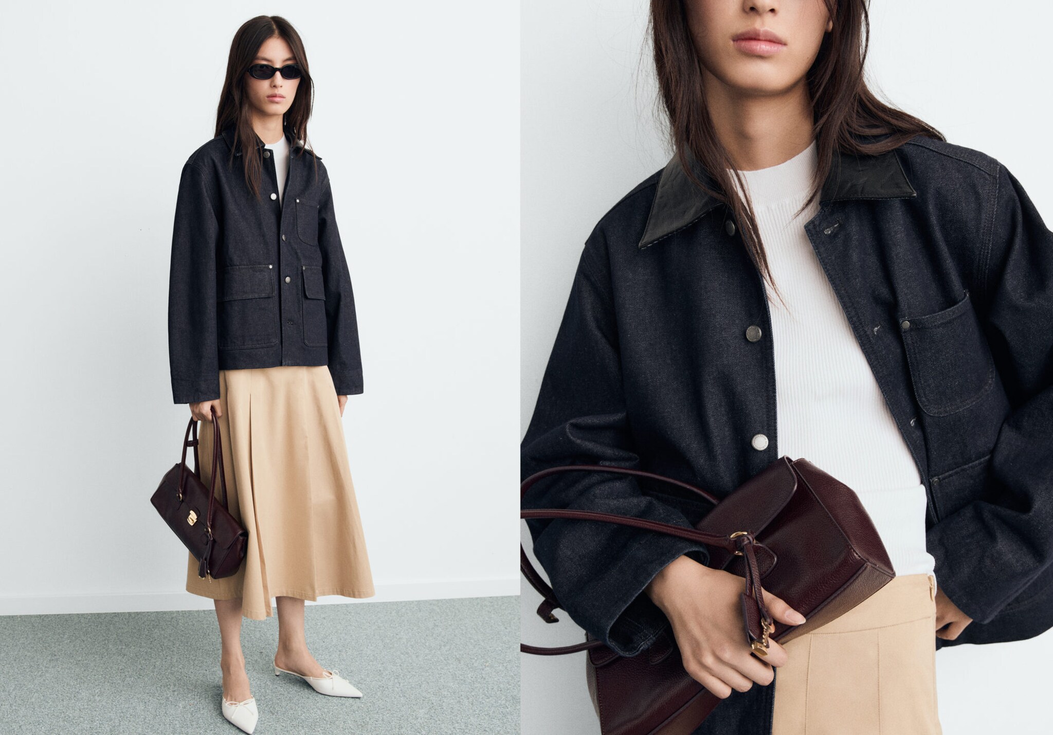 Denimjacke mit Kragen in Leder-Effekt - Panoramaansicht