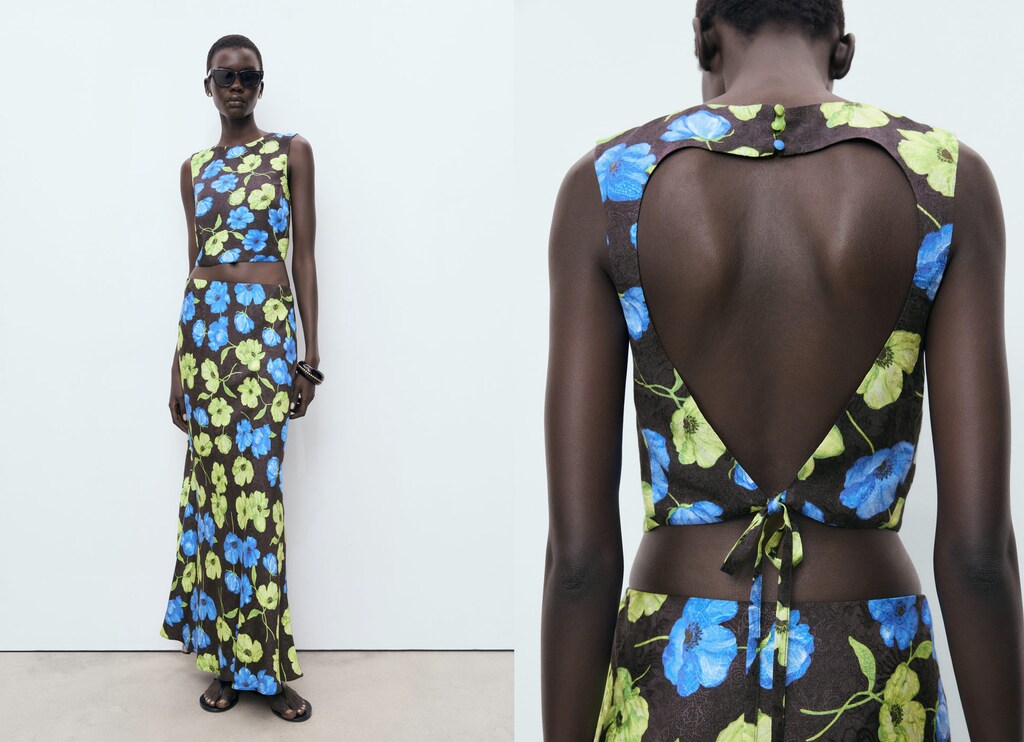 Floral-print open-back cropped blouse