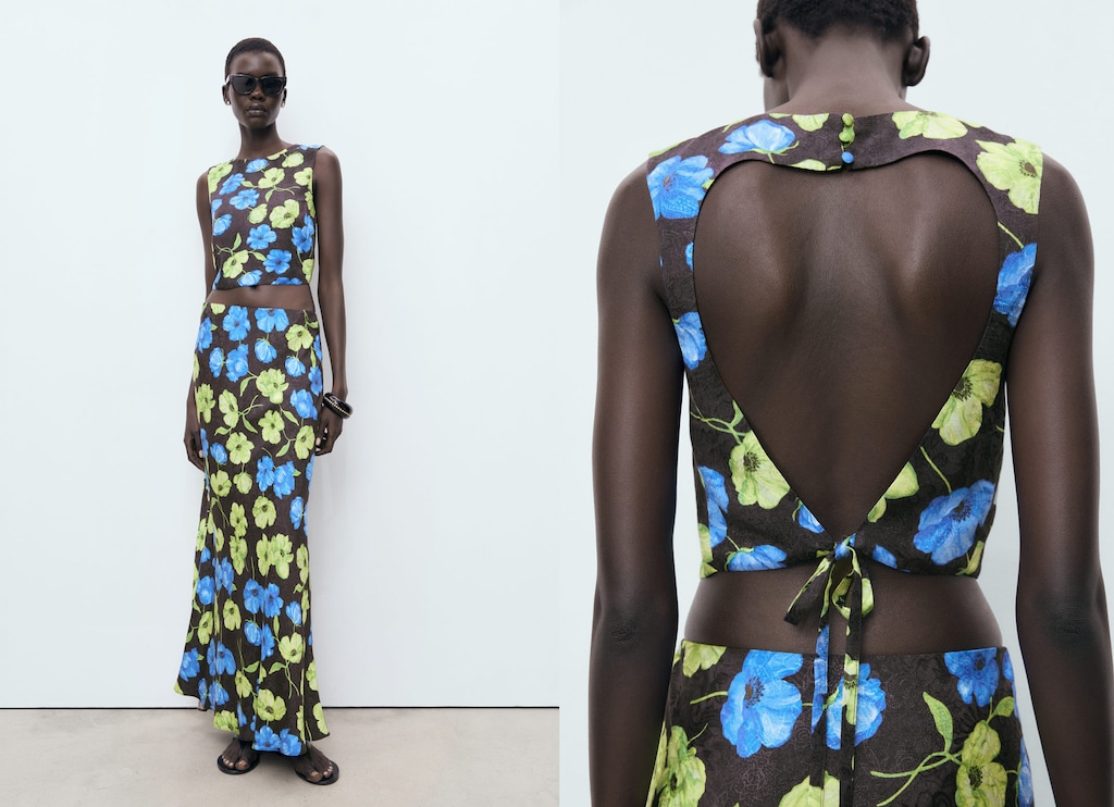 Floral-print open-back cropped blouse