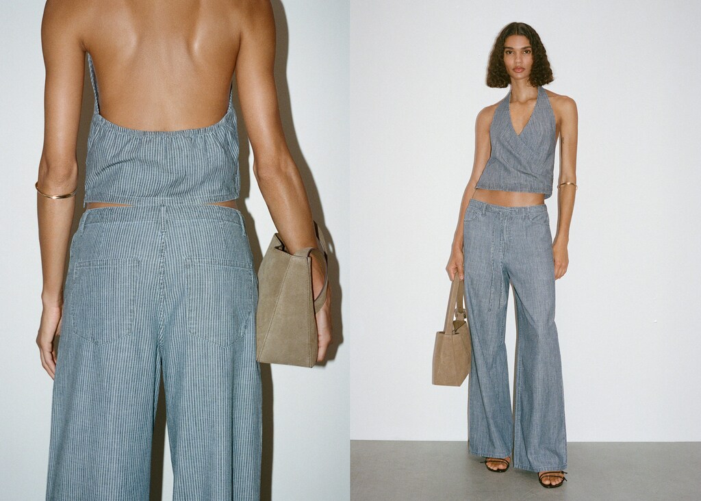 Wide-leg denim pants with belt