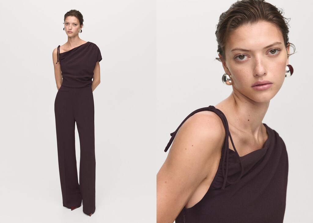 Jumpsuit with asymmetrical neck and bow