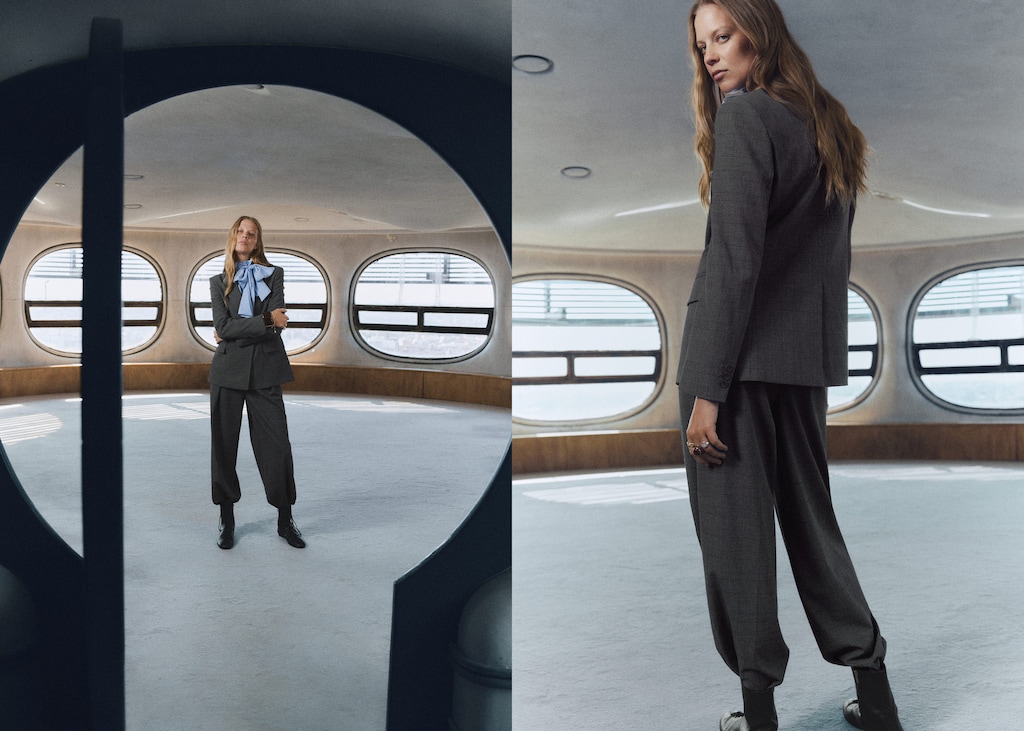 Pleated check-print suit trousers