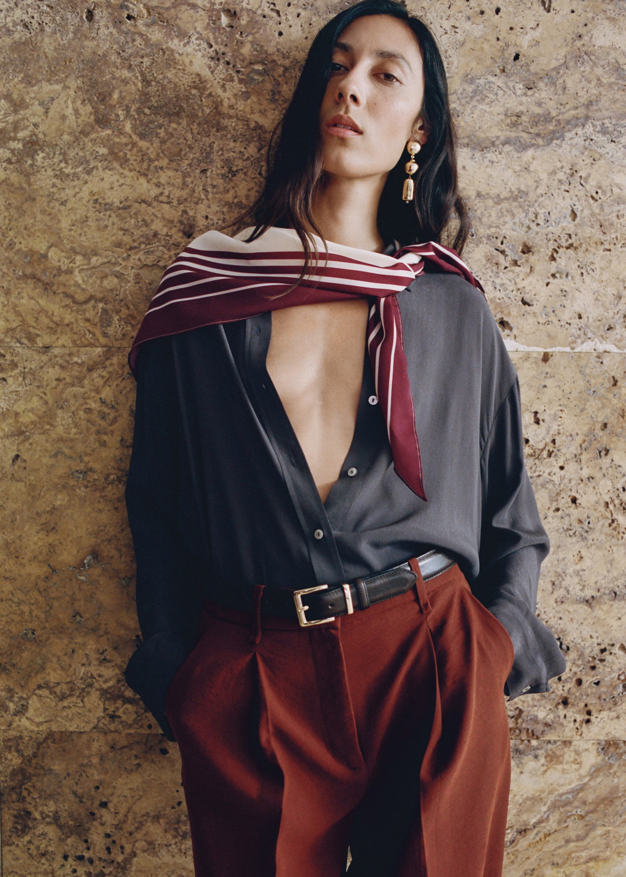 Striped satin scarf - General plane, Ecru. Ref: 17004096-01.