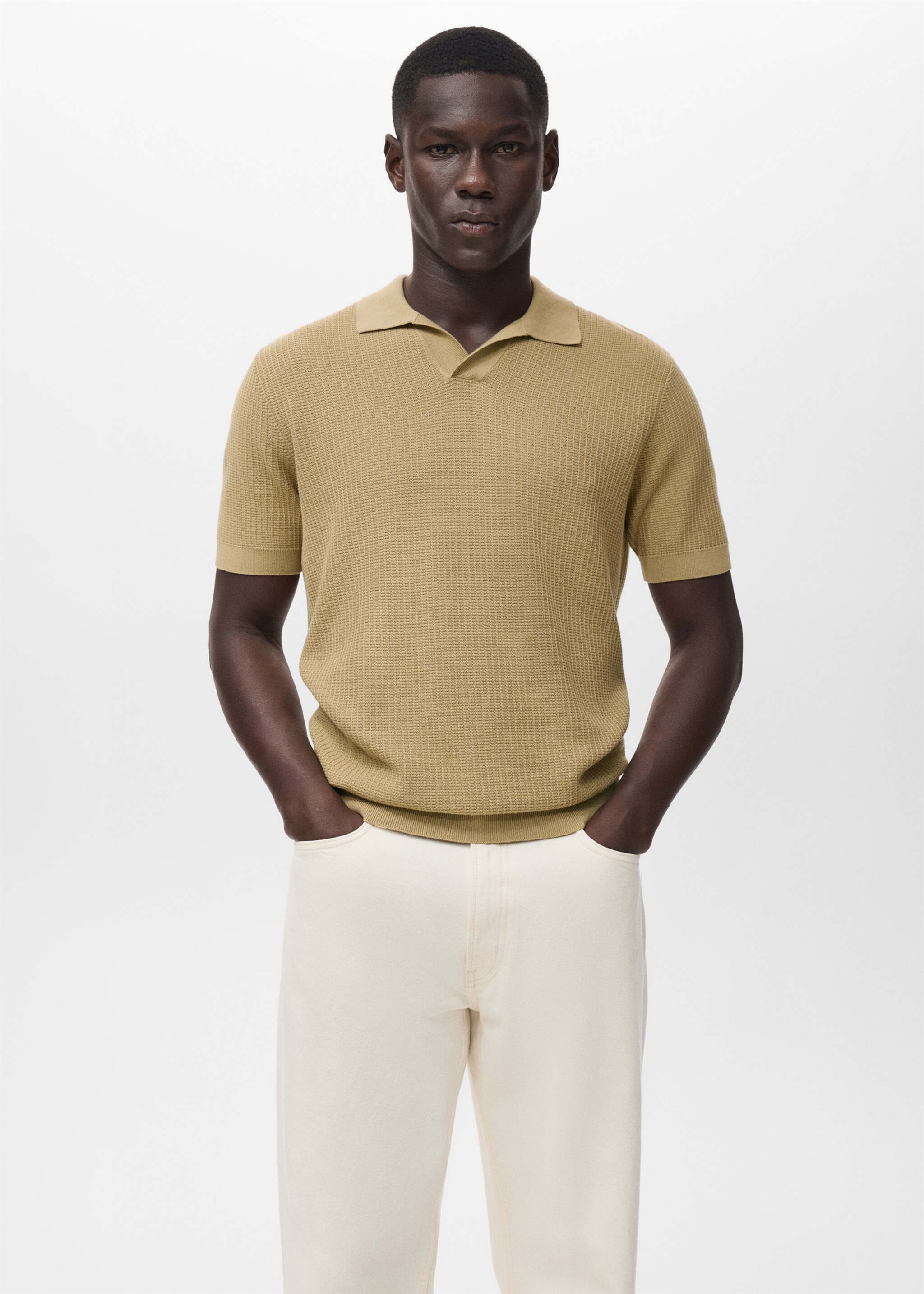 Structured cotton knitted polo shirt - Medium plane, Beige. Ref: 17012906-01.