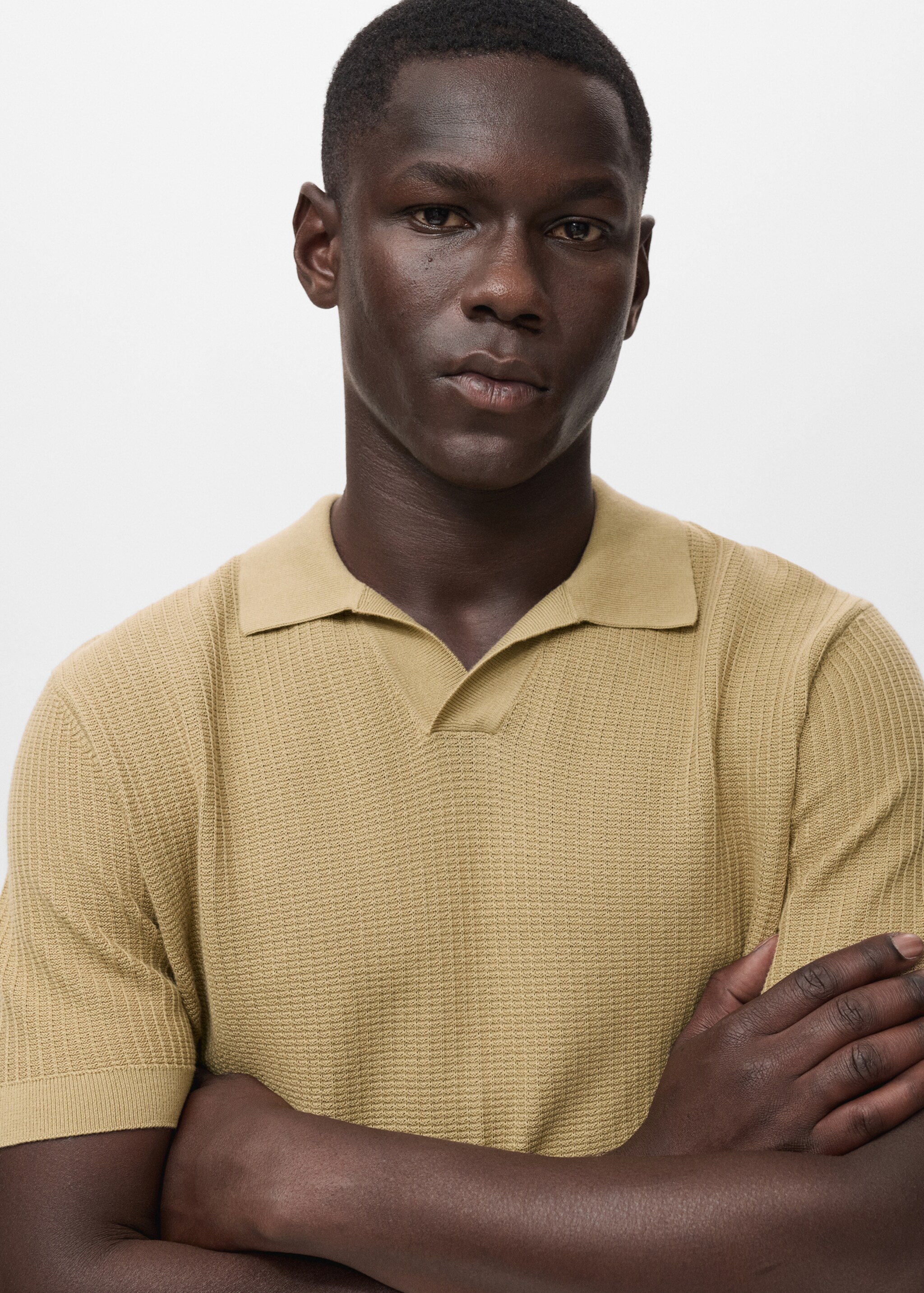 Structured cotton knitted polo shirt - Details of the article 1, Beige. Ref: 17012906-01.