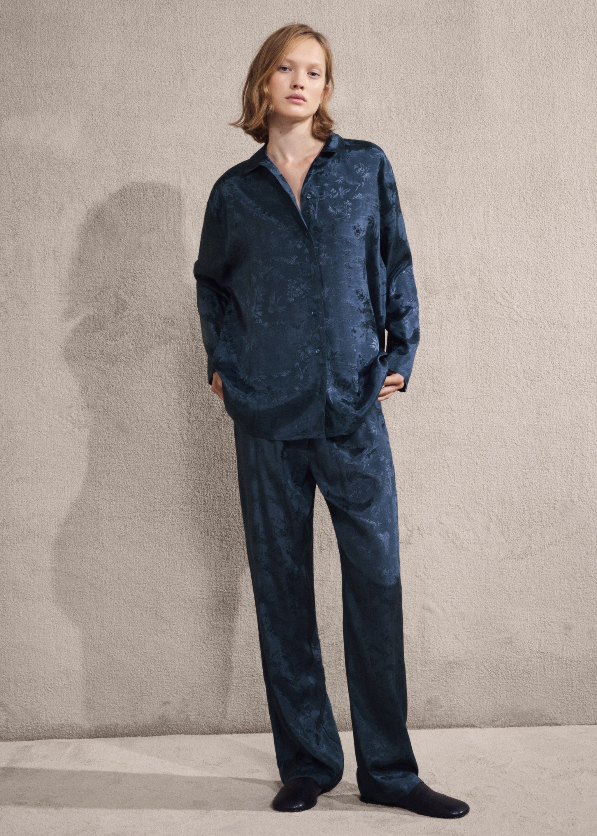 Jacquard satin pyjama trousers - General plane, Night Blue. Ref: 17014109-01.
