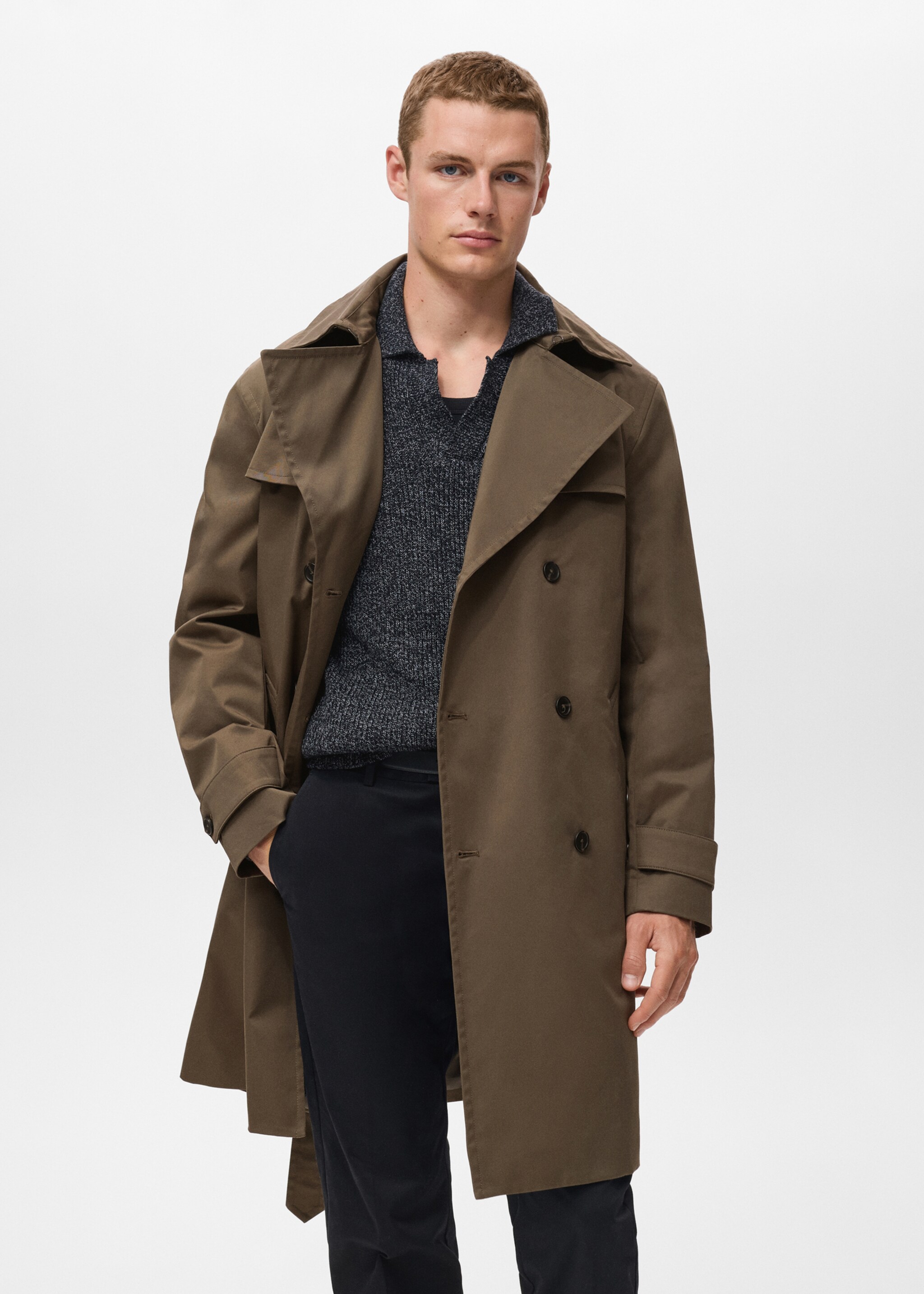 Water-repellent belted trench coat - Medium plane, Olive Green. Ref: 17015970-01.