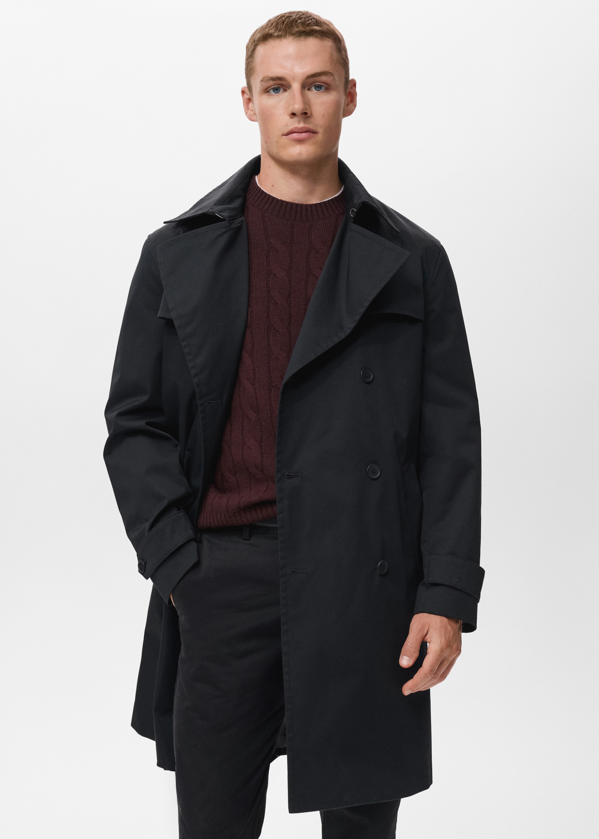 Water-repellent belted trench coat - Medium plane, Black. Ref: 17015970-01.