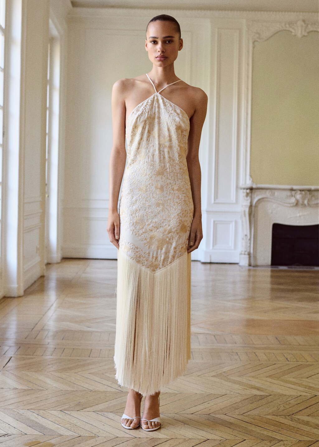 Floral-embroidered dress with fringe detail