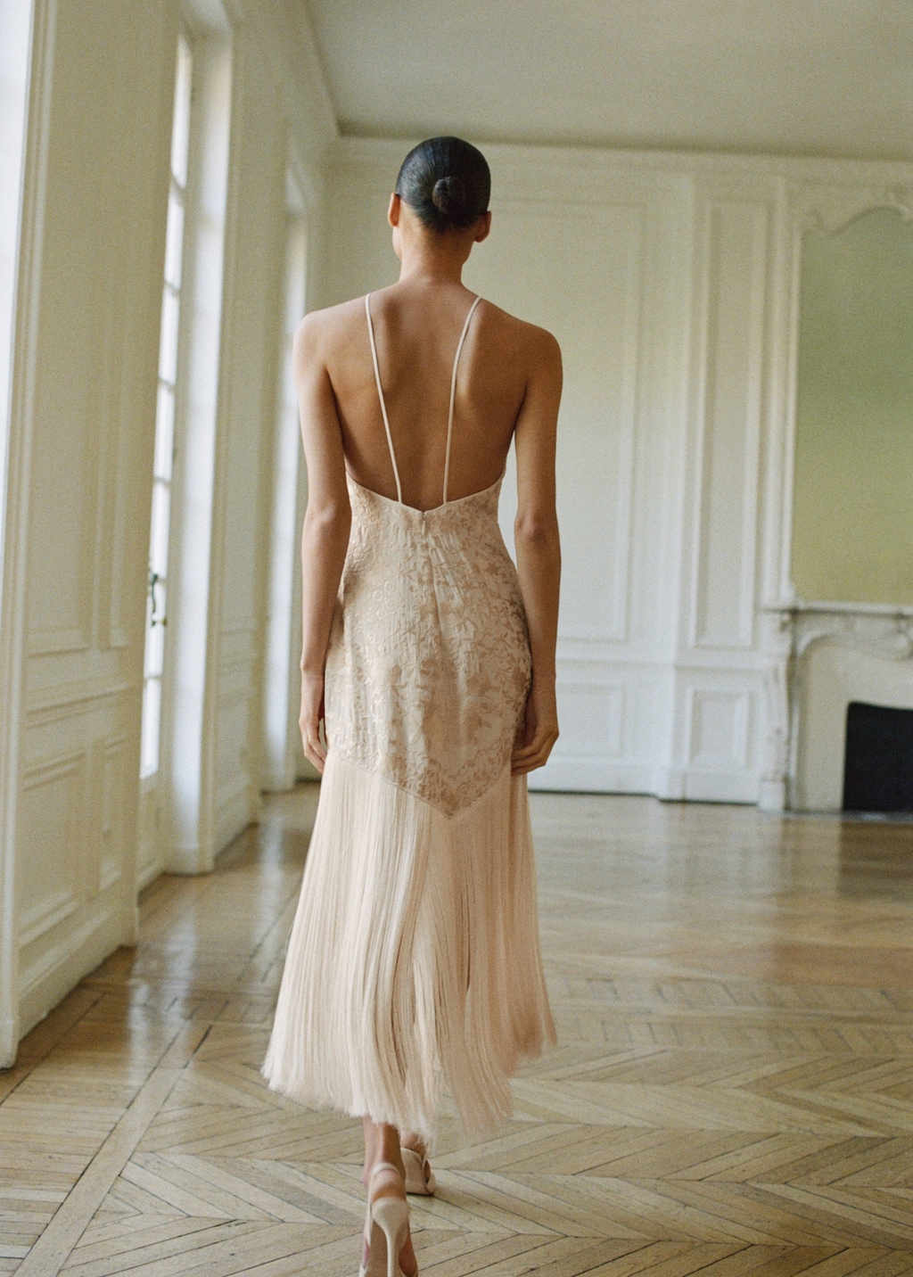 Floral-embroidered dress with fringe detail