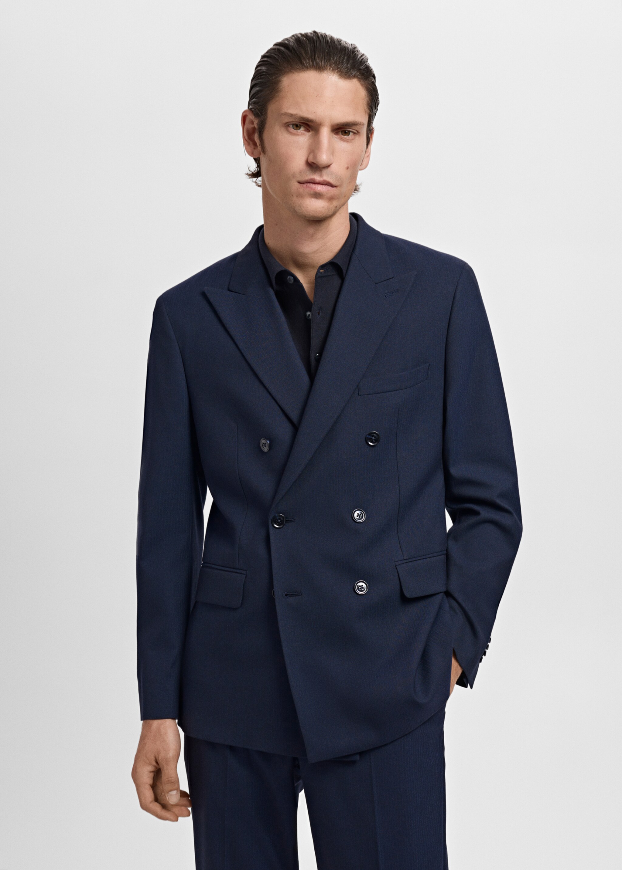 Monaco double-breasted slim-fit suit jacket - Medium plane, Navy. Ref: 17025150-01.