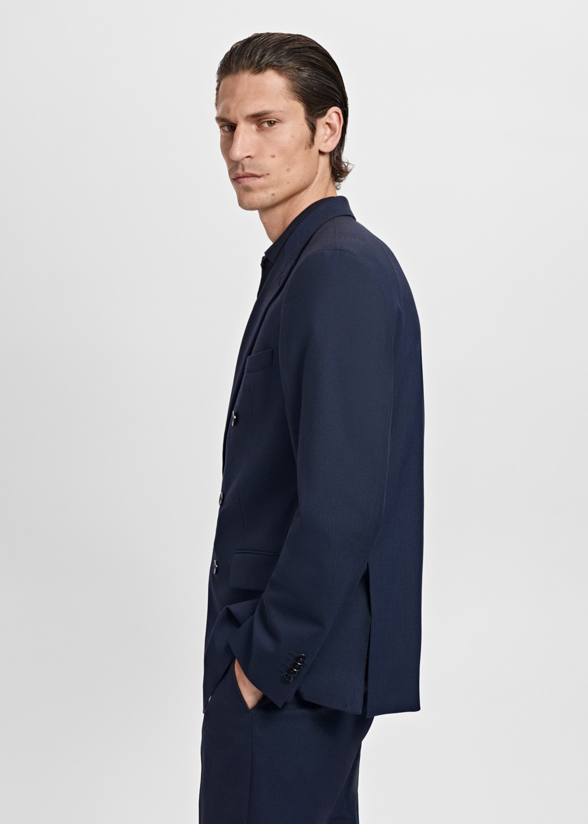 Monaco double-breasted slim-fit suit jacket - Details of the article 2, Navy. Ref: 17025150-01.