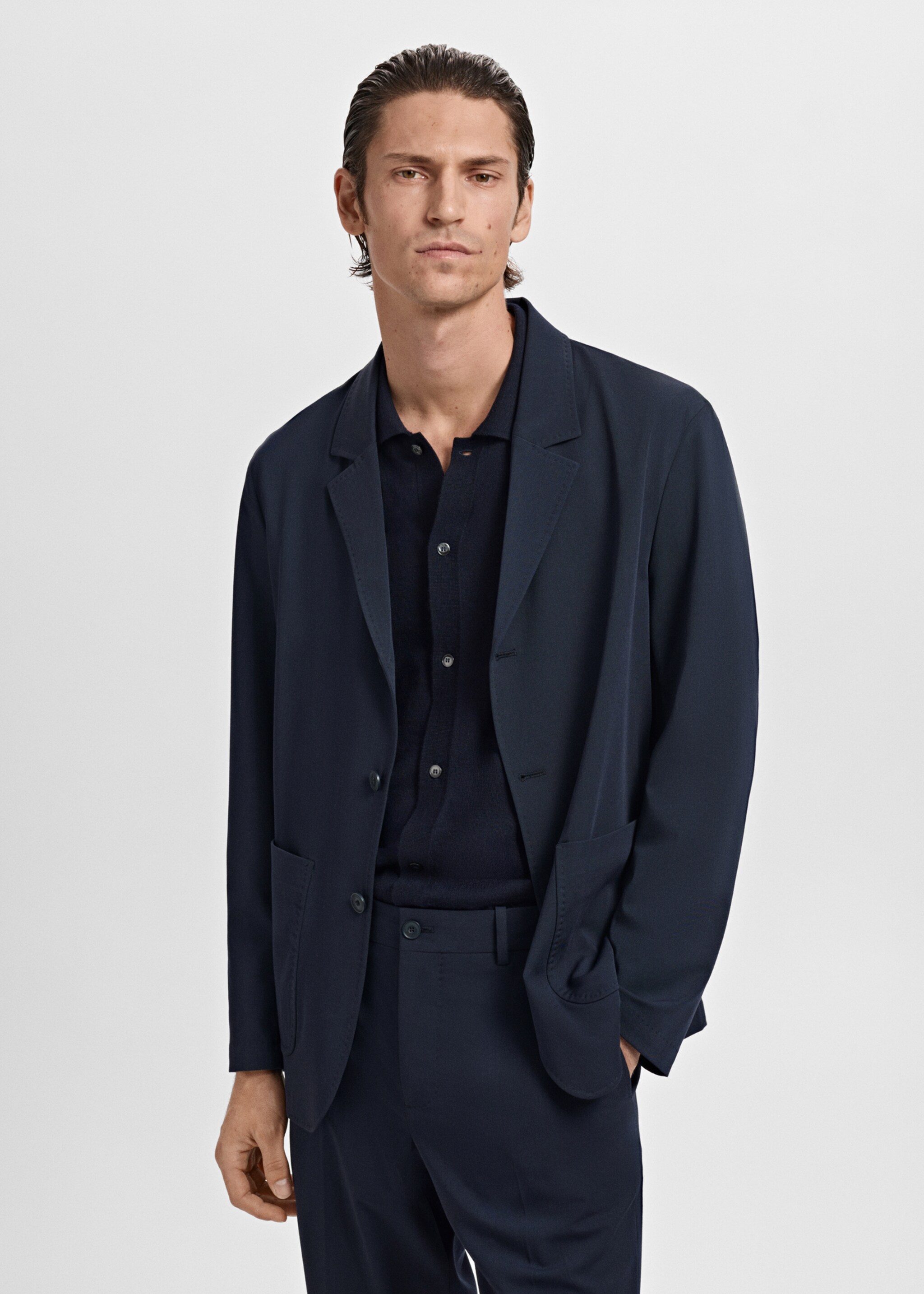 Americana traje slim fit bolsillos - Plano medio, Azul marino. Ref: 17025152-01.