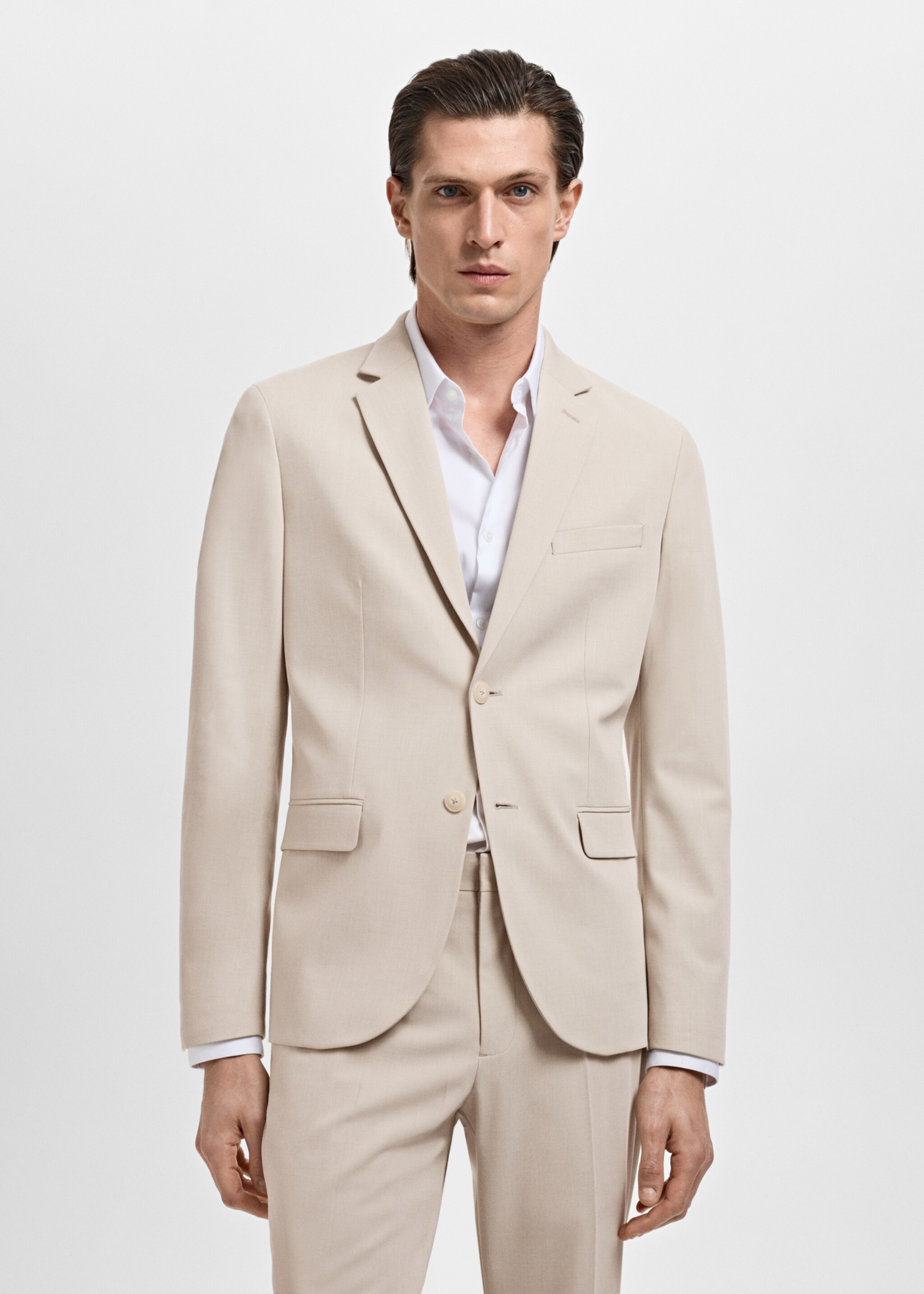 Blazer de fato stretch super slim fit - Plano médio, Bege. Ref: 17031191-01.