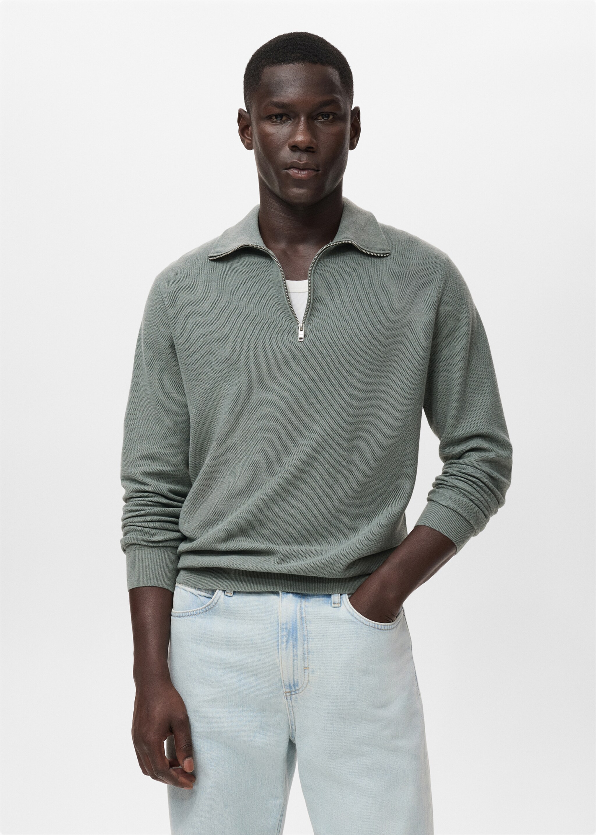 Microstructure sweater with zipper collar - Medium plane, Forest Green. Ref: 17035146-01.
