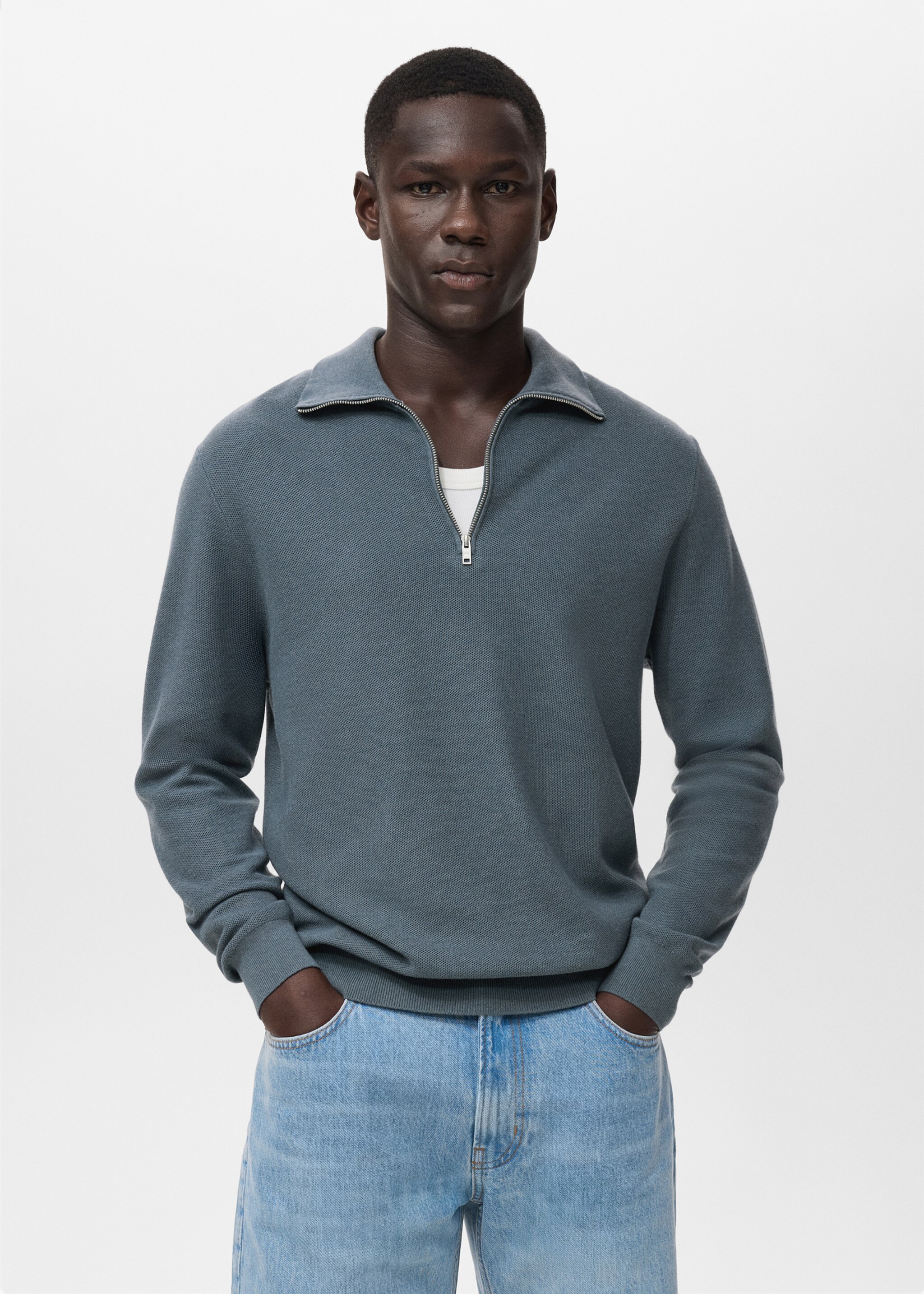 Microstructure sweater with zipper collar - Medium plane, Petrol Blue. Ref: 17035146-01.