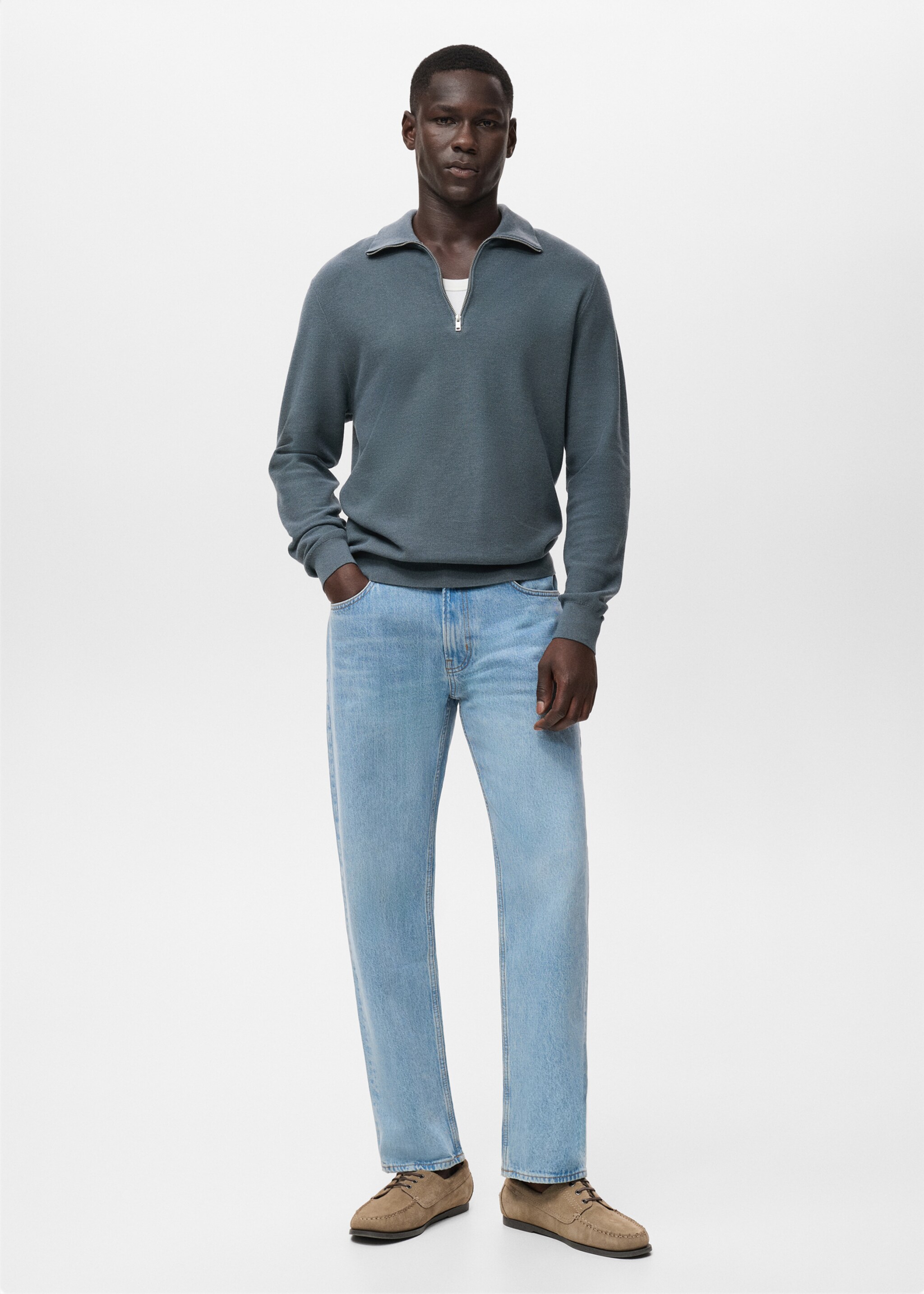 Microstructure sweater with zipper collar - General plane, Petrol Blue. Ref: 17035146-01.