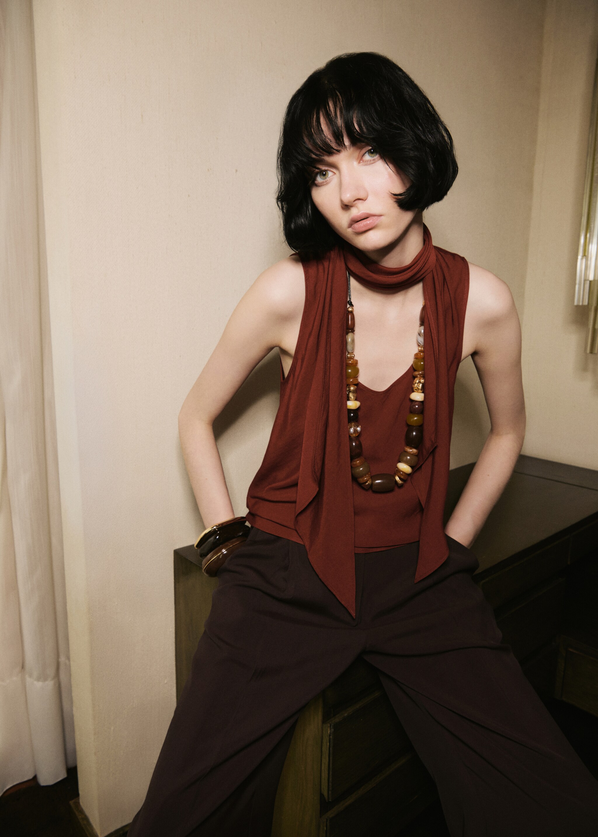 Blouse with foulard neckline - Details of the article 1, Russet. Ref: 17036740-01.
