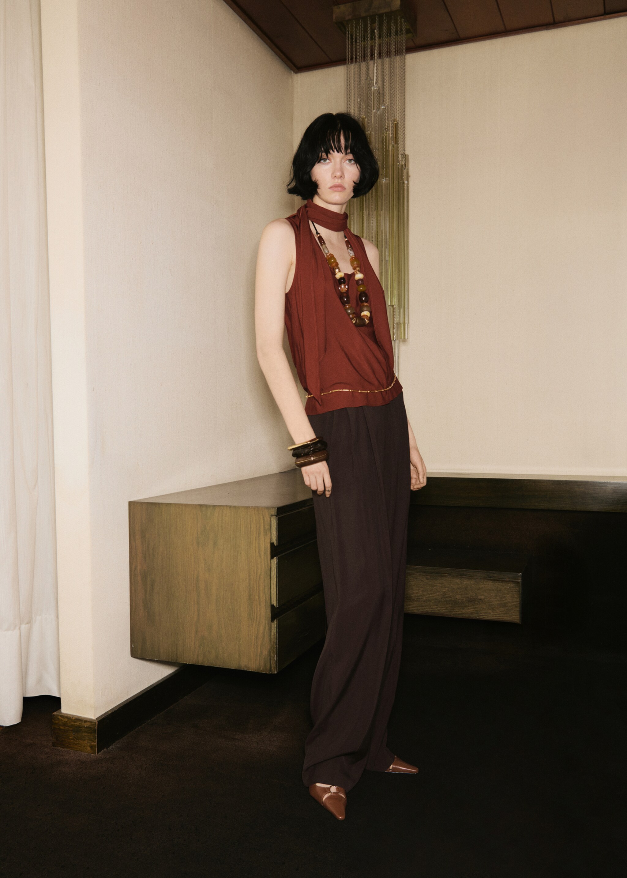 Blouse with foulard neckline - General plane, Russet. Ref: 17036740-01.