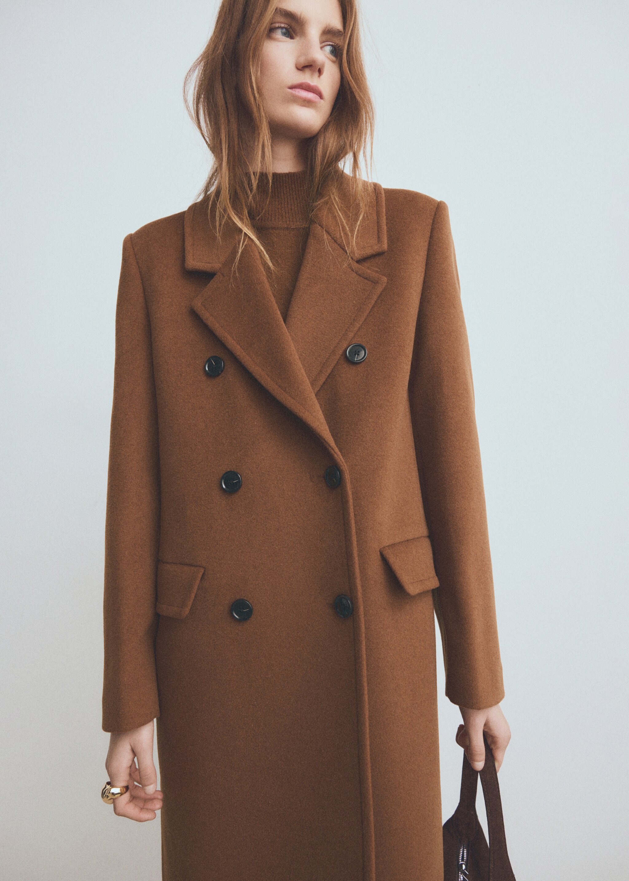 双排扣羊毛混纺大衣 - null, 赭色. Ref: 17037769-02.