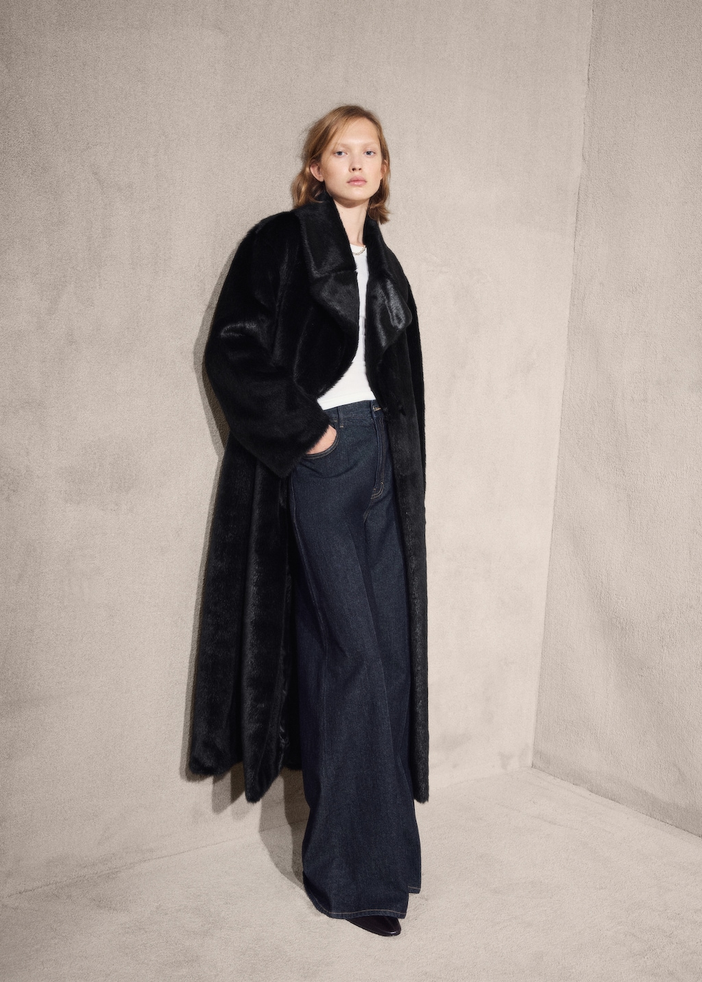 Faux-fur coat with belt