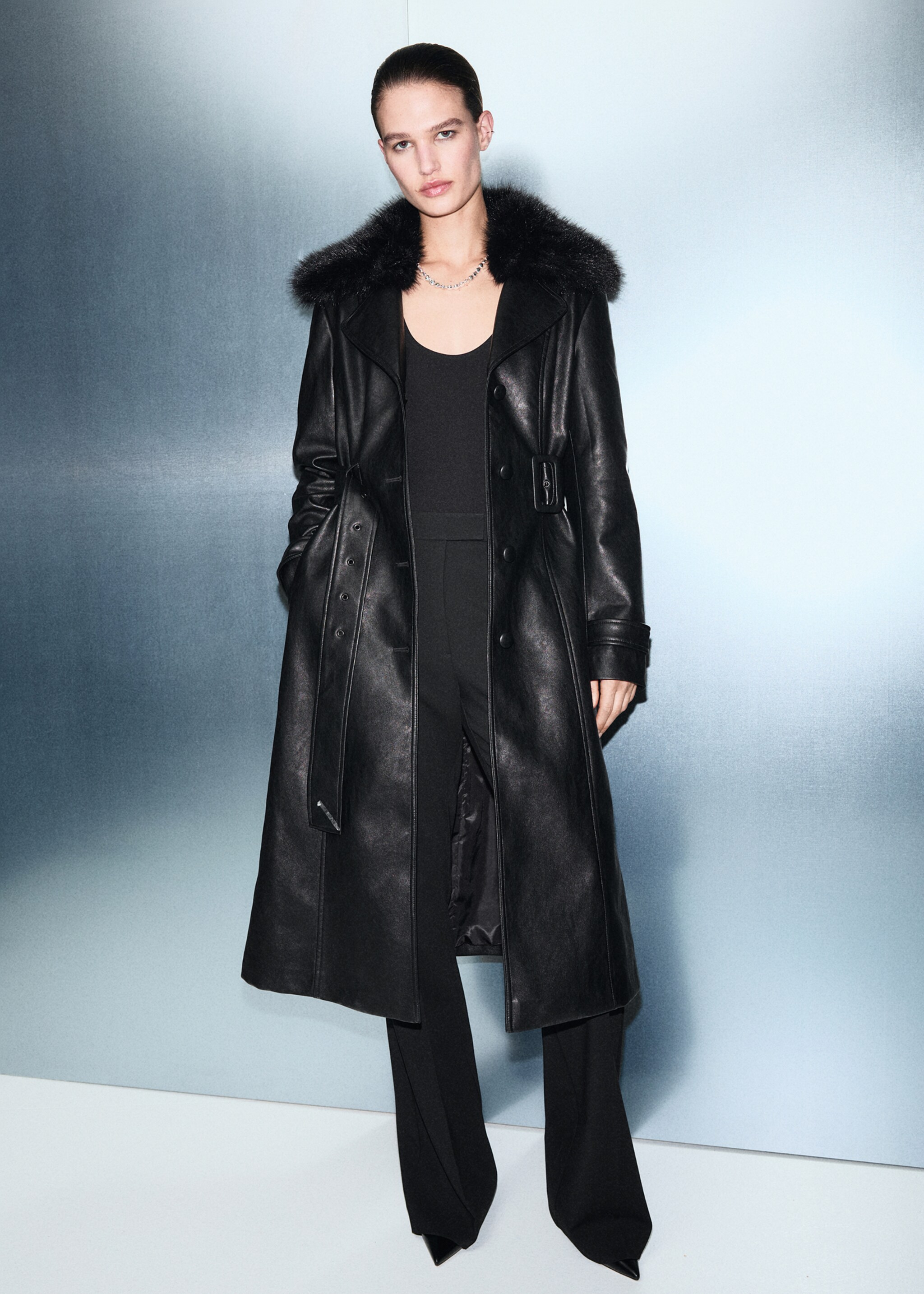 Faux-leather coat with fur collar - General plane, Black. Ref: 17048282-02.