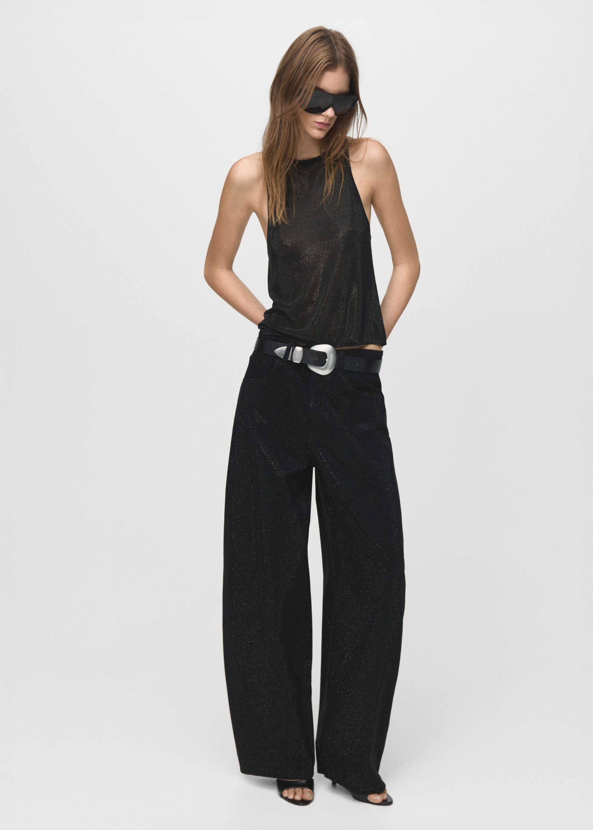 Balloon jeans with rhinestones - General plane, Black denim. Ref: 17049116-01.