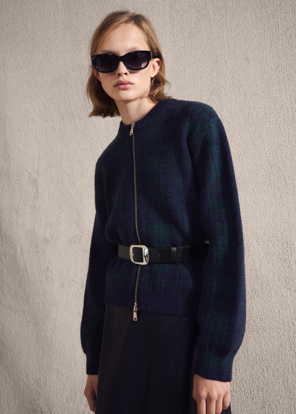 Checkered zipper cardigan