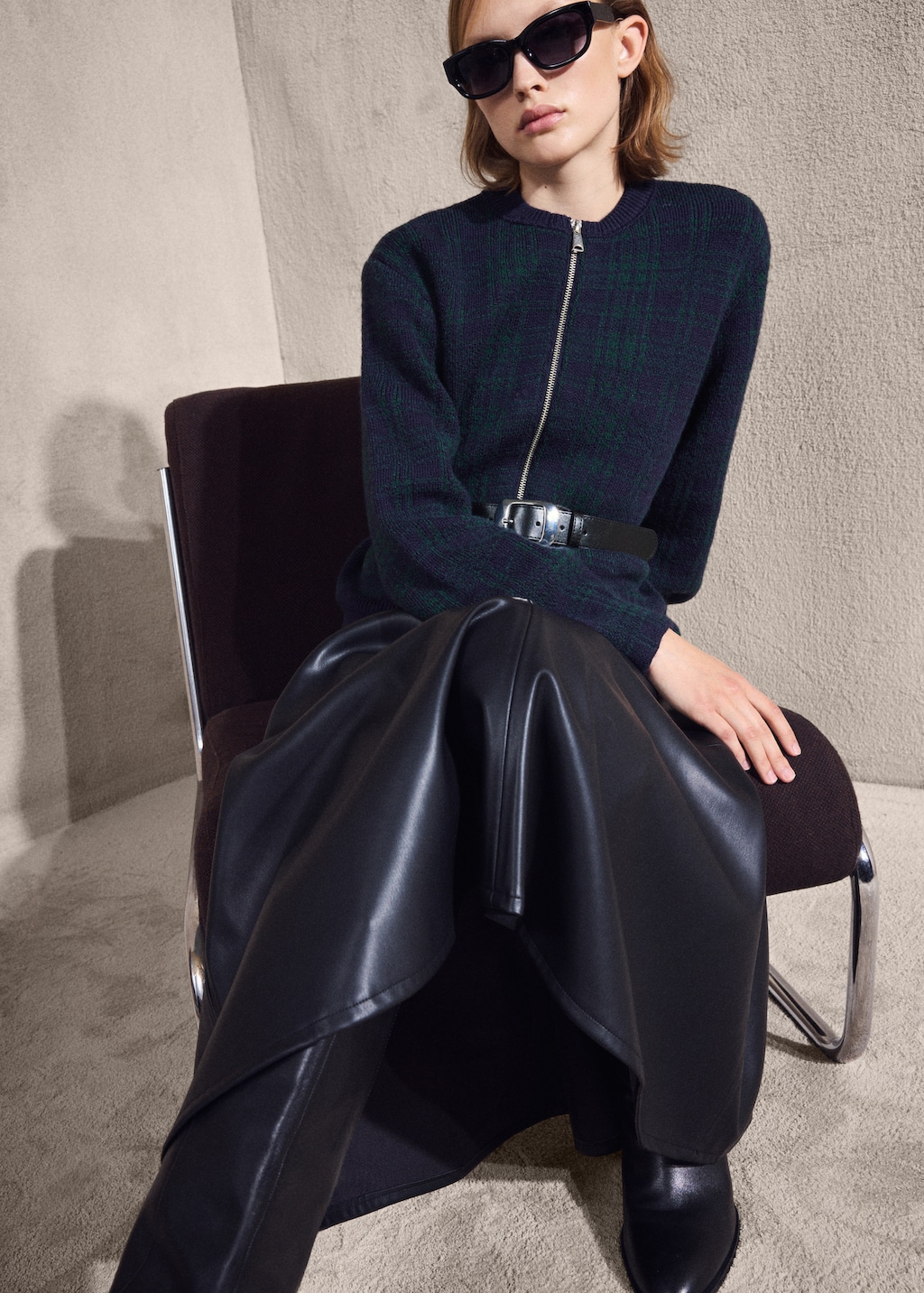 Checkered zipper cardigan