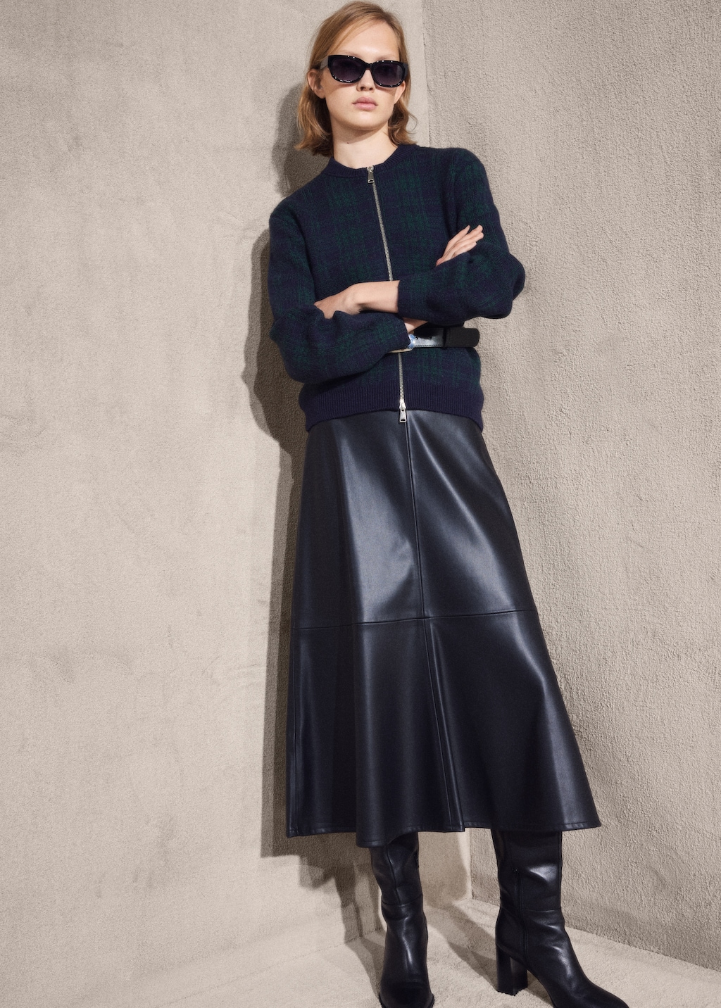 Checkered zipper cardigan