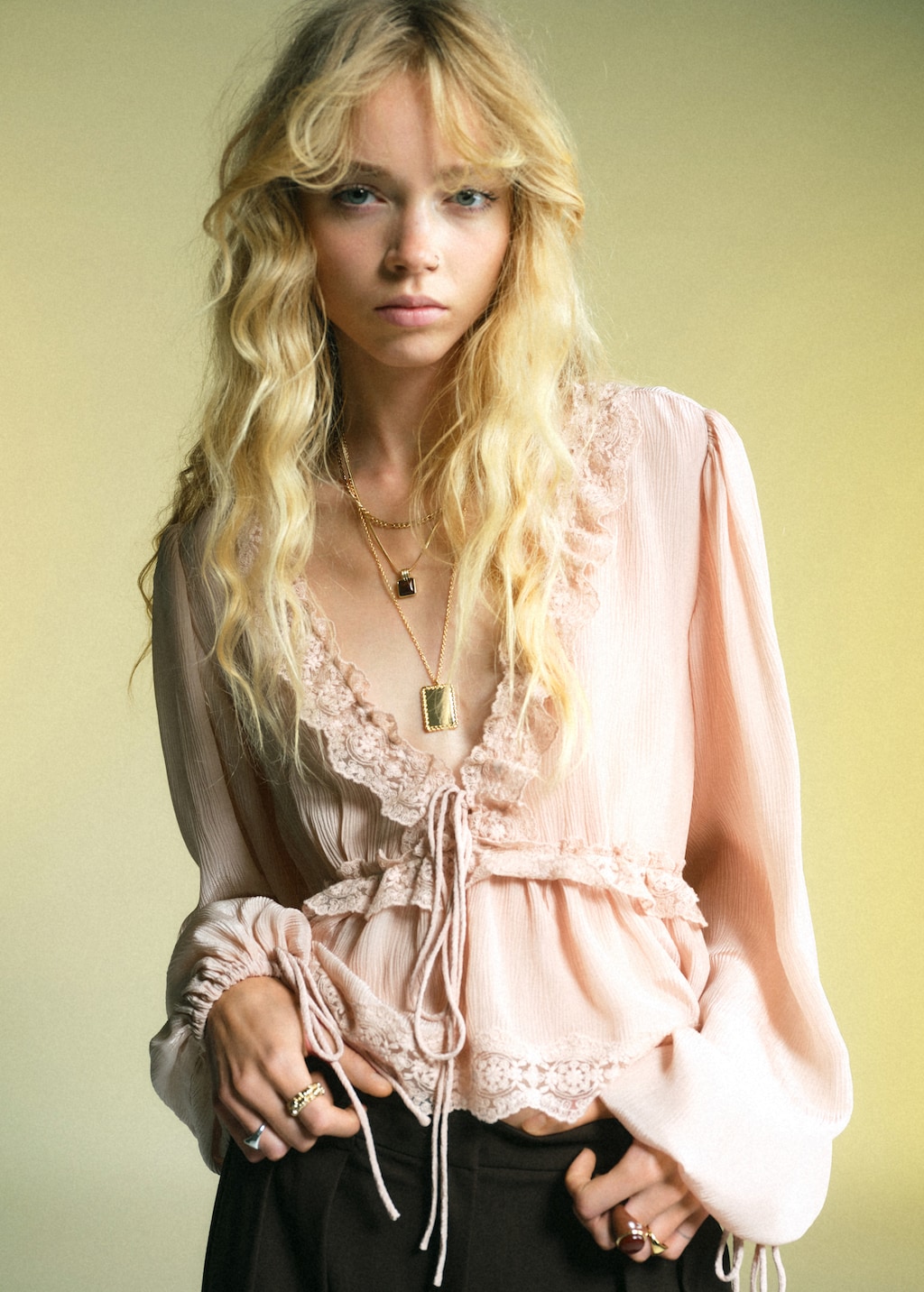 V-neck blouse with lace trim