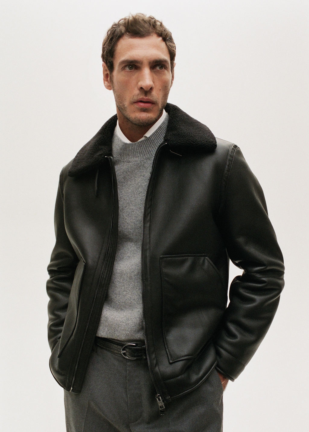 Faux-leather fleece jacket