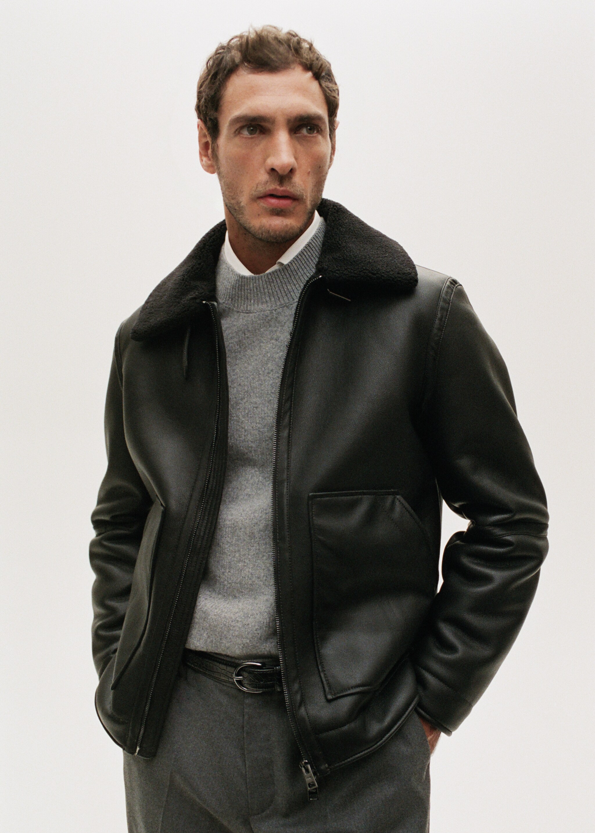 Faux-leather fleece jacket - Details of the article 9, Black. Ref: 17059206-01.
