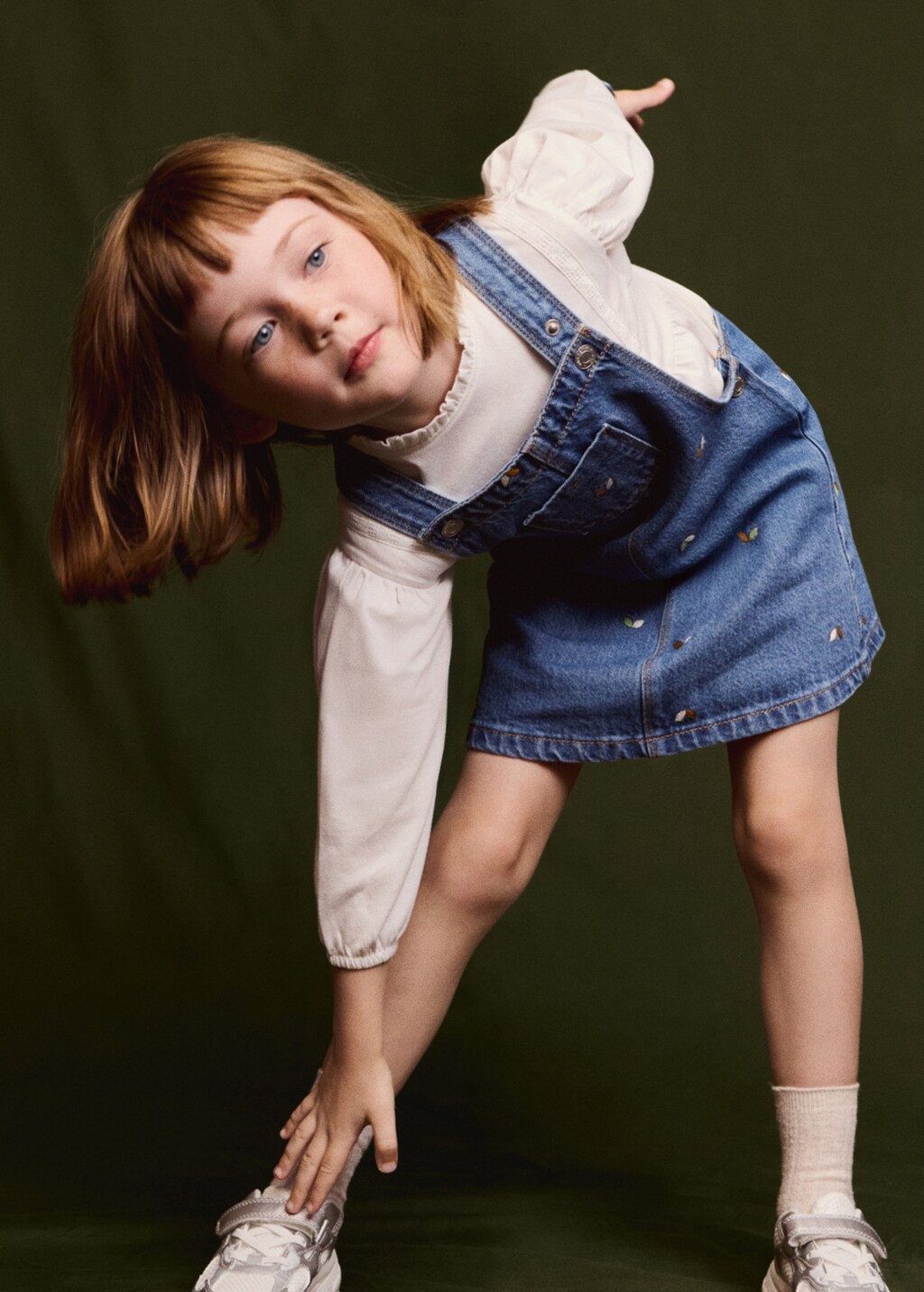 Embroidered denim pinafore dress