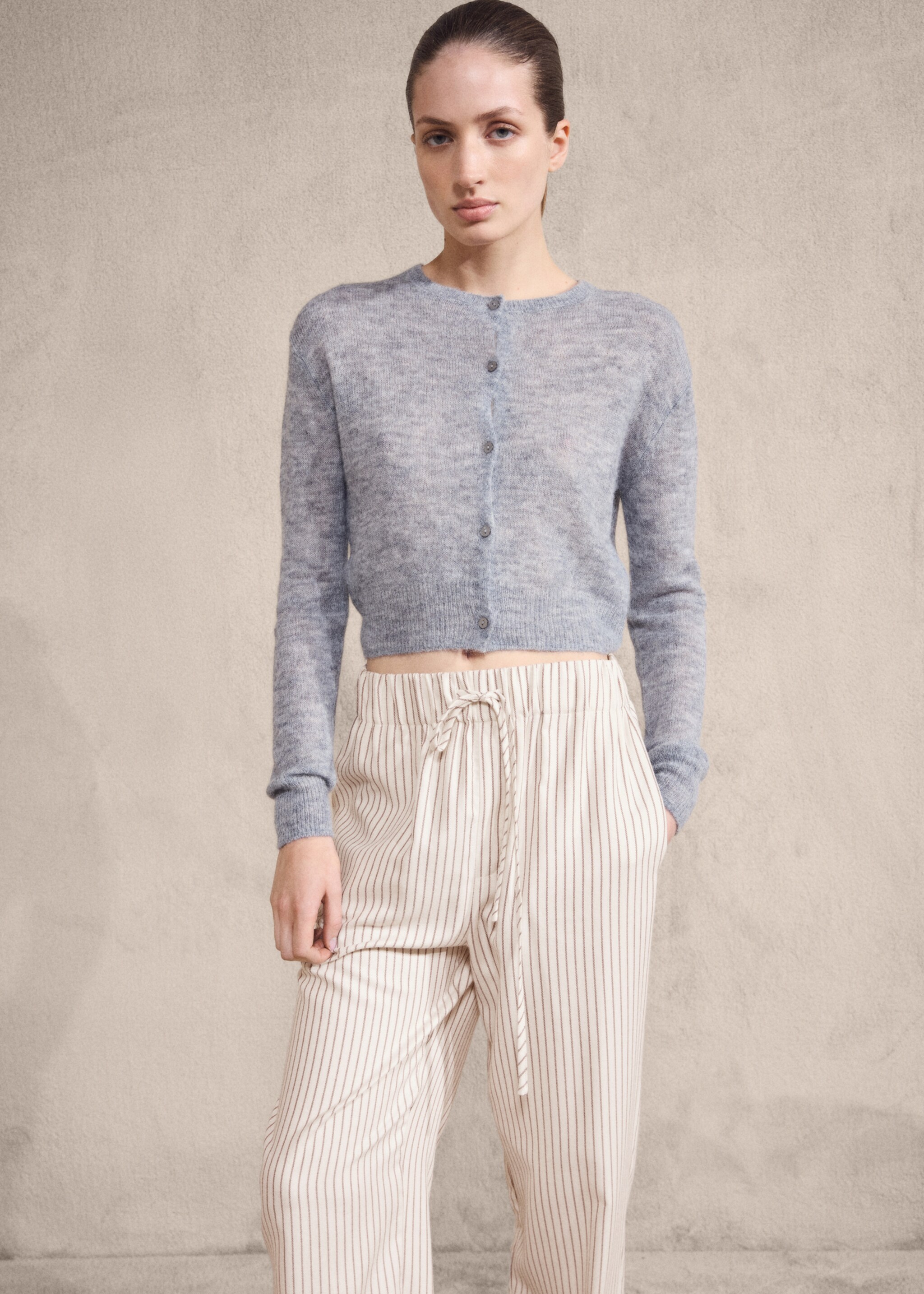 Woven striped flannel trousers - Medium plane, Ivory White. Ref: 17067129-05.