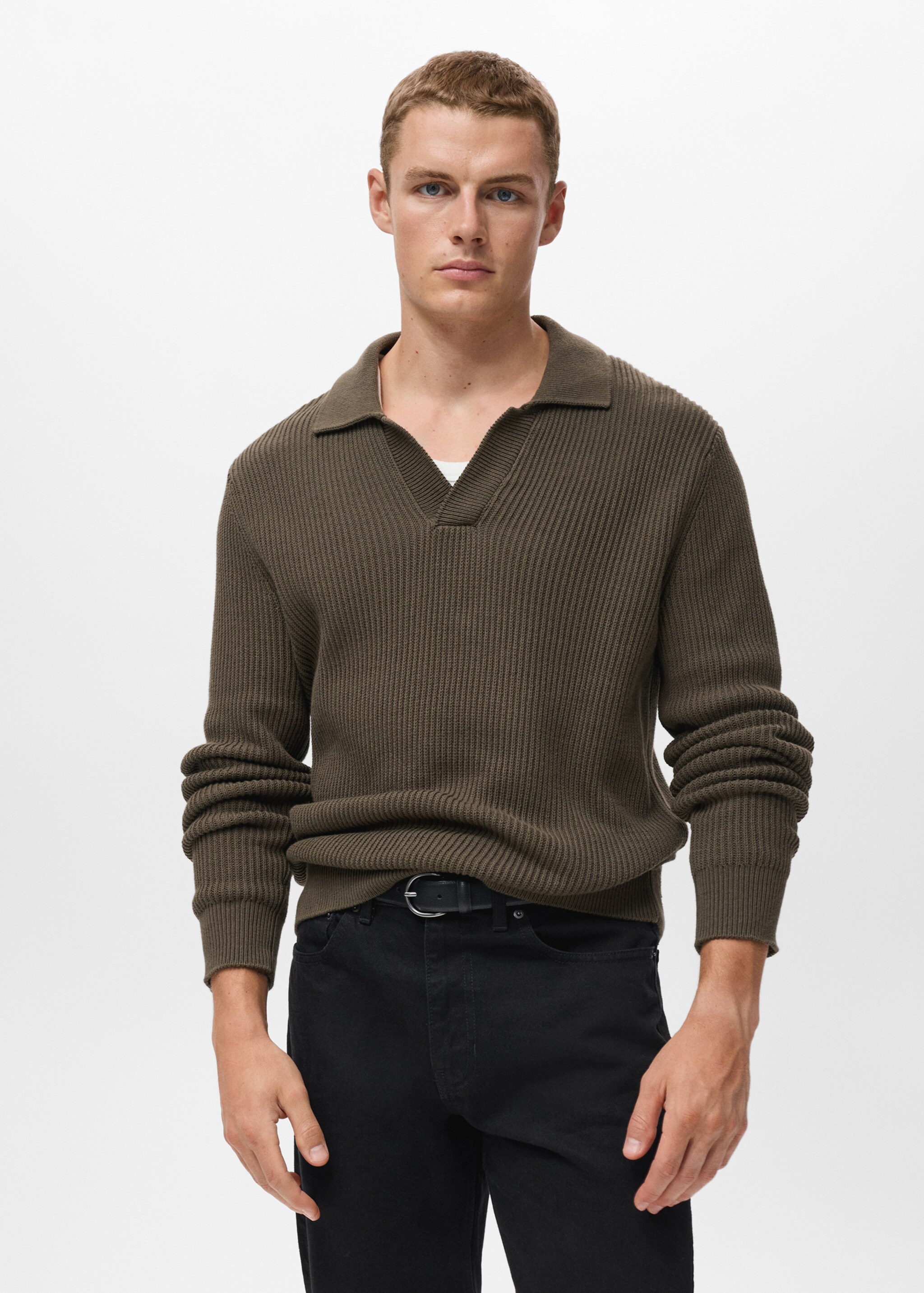 Structured cotton polo sweater - Medium plane, Olive Green. Ref: 17075972-01.
