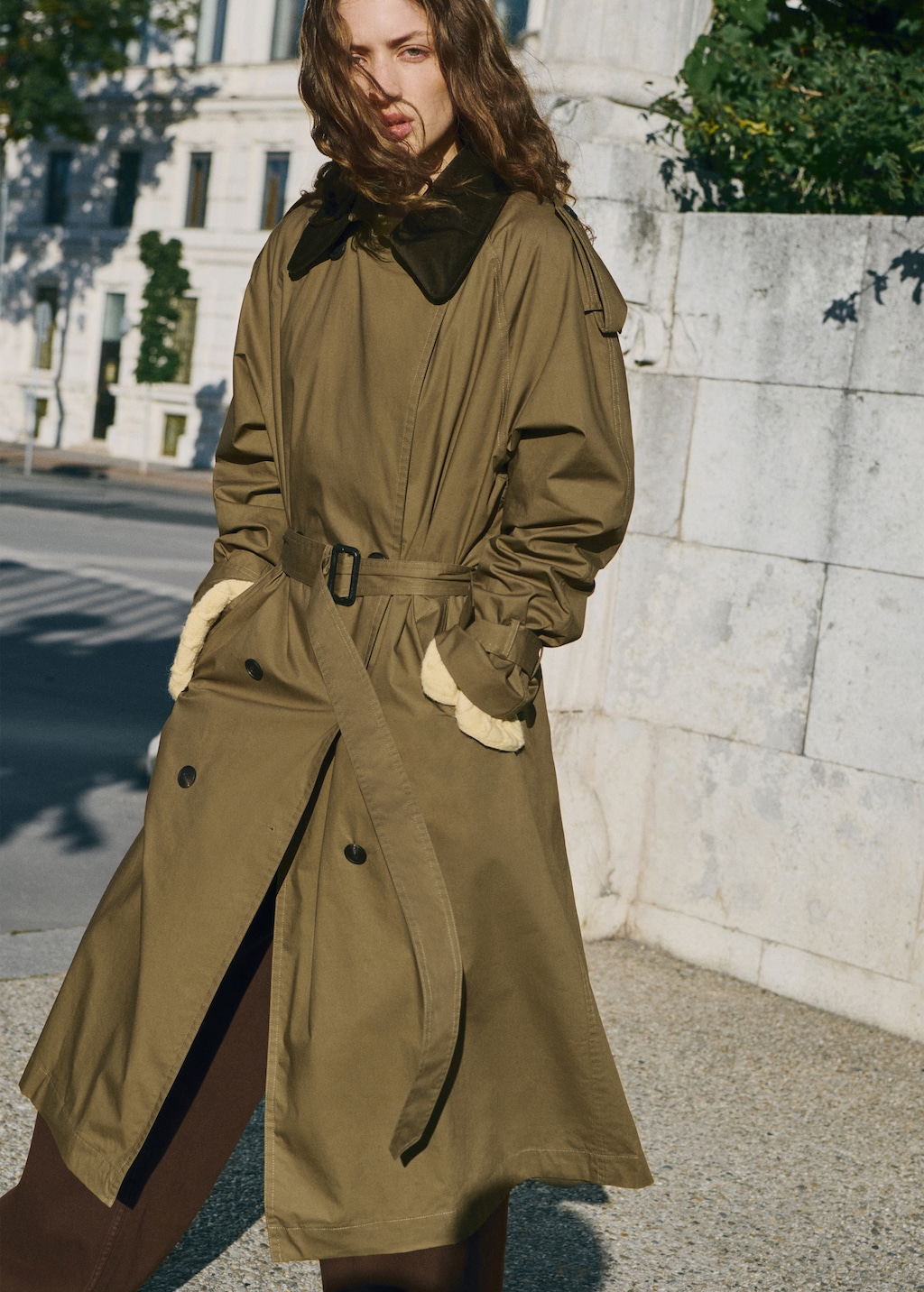 Double-breasted trench coat with corduroy collar