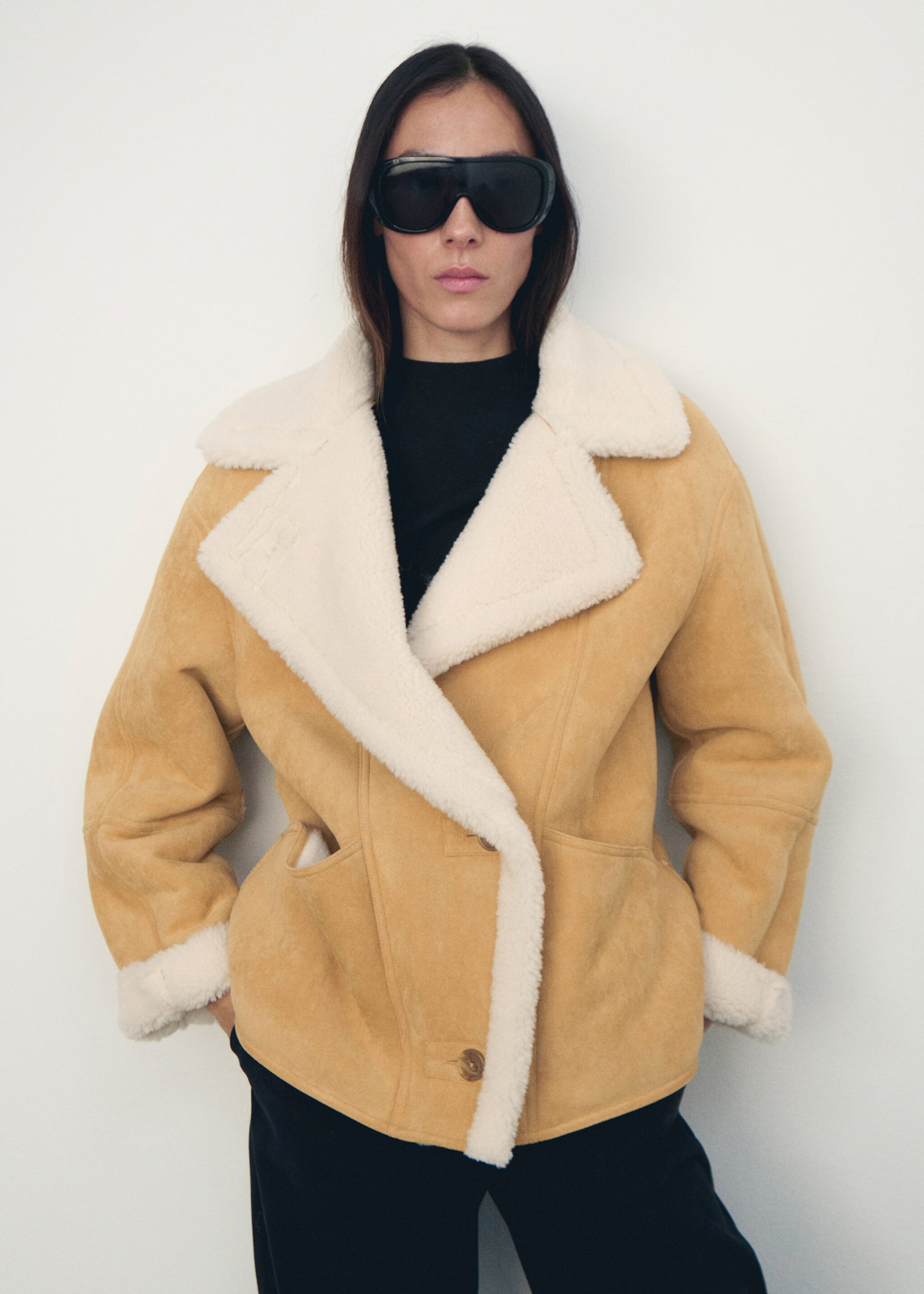 Suede-effect jacket with sheepskin collar - Medium plane, Medium Brown. Ref: 17078634-01.