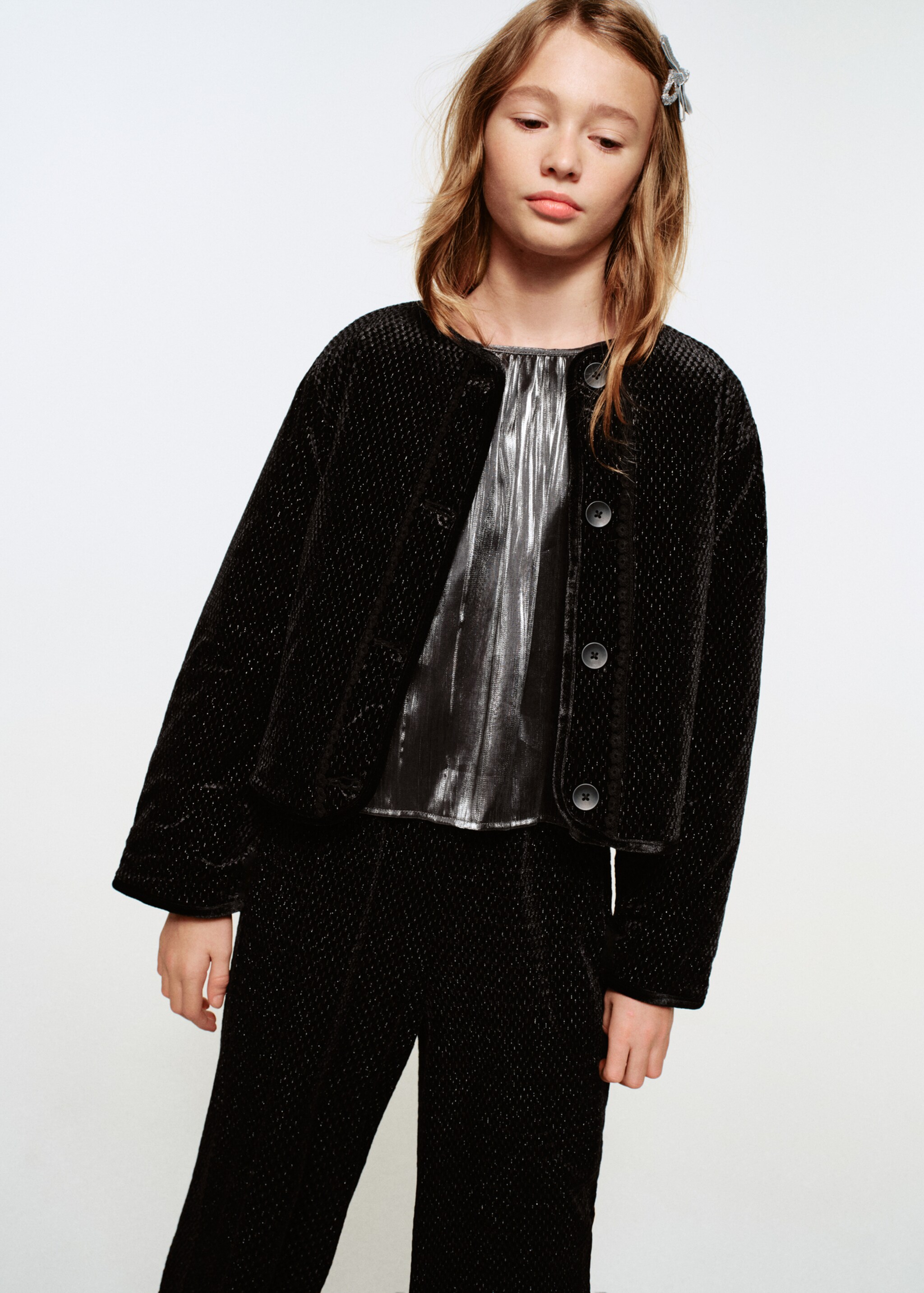 Lurex jacket with buttons - Medium plane, Black. Ref: 17079098-01.