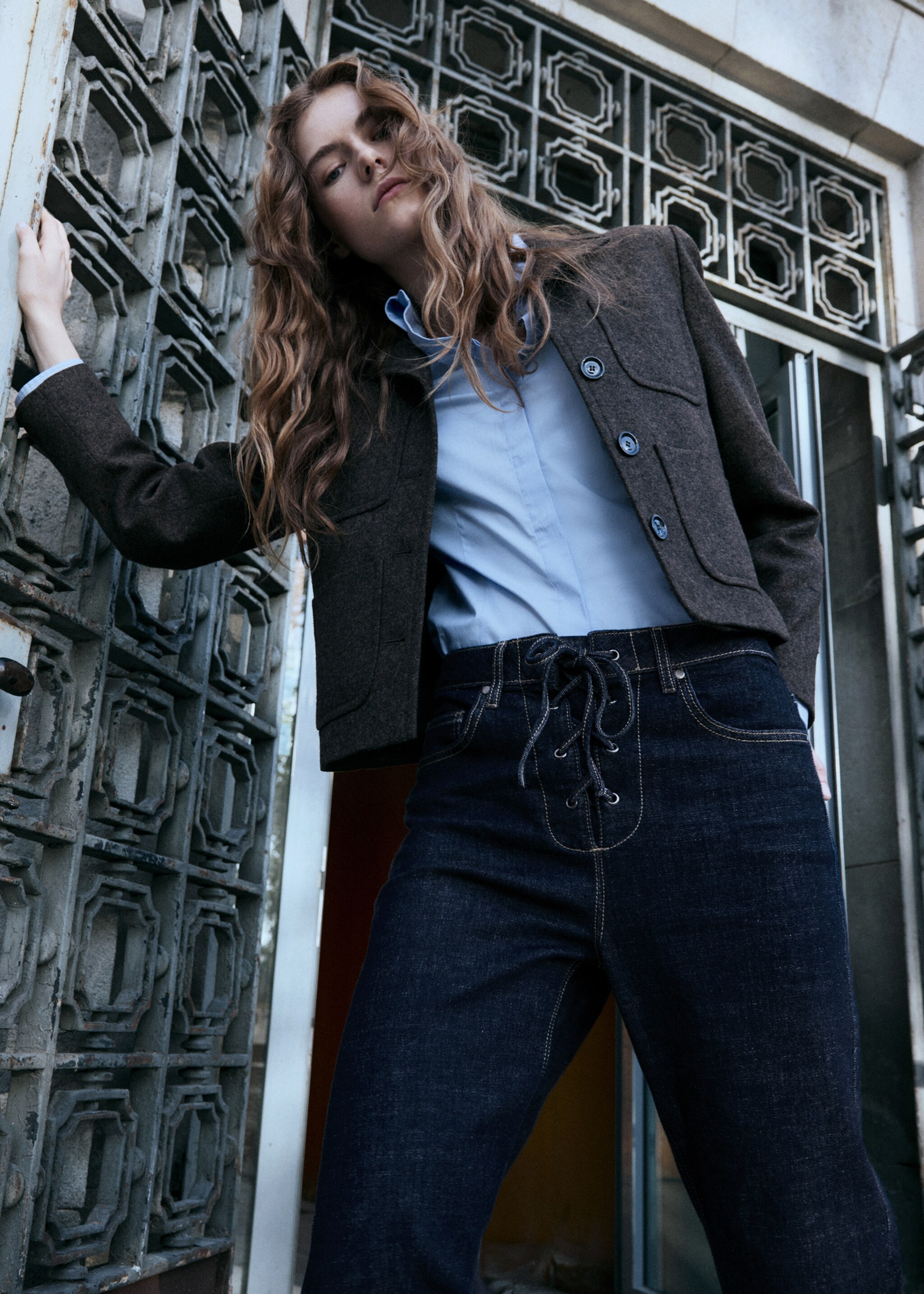 Flared jeans with drawstrings - Details of the article 2, Open Blue. Ref: 17079119-03.