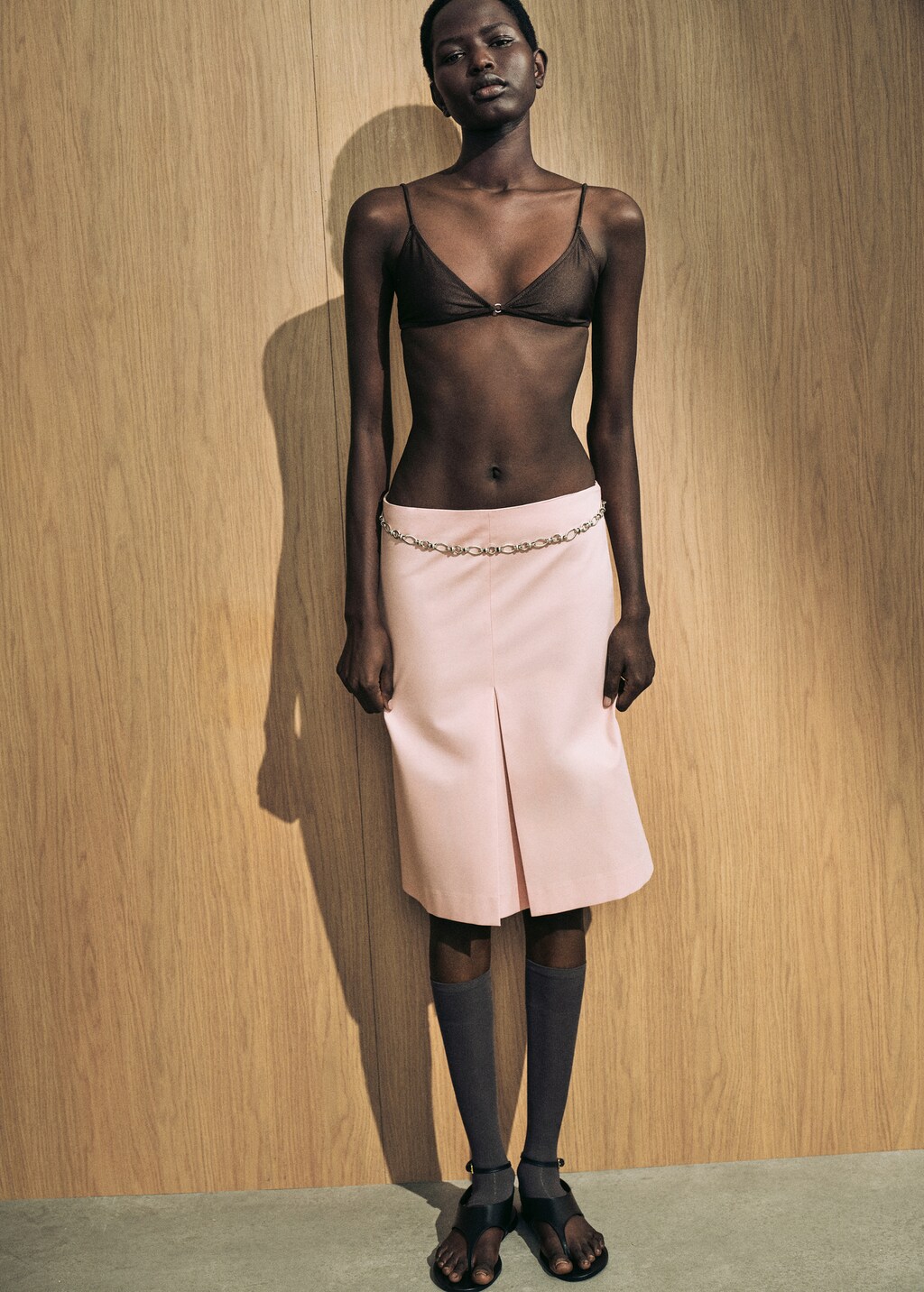 Cotton midi-skirt with pleat detail