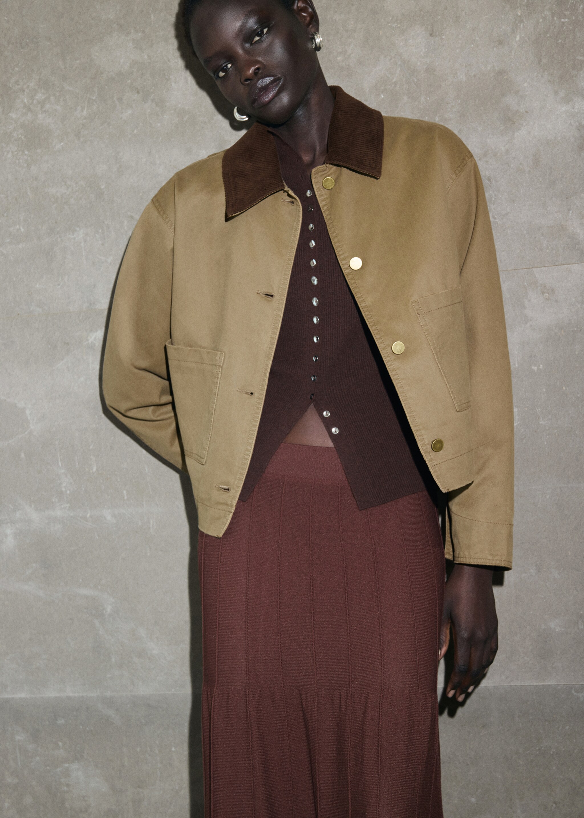 Denim parka with corduroy collar - Medium plane, Ochre. Ref: 17084120-02.
