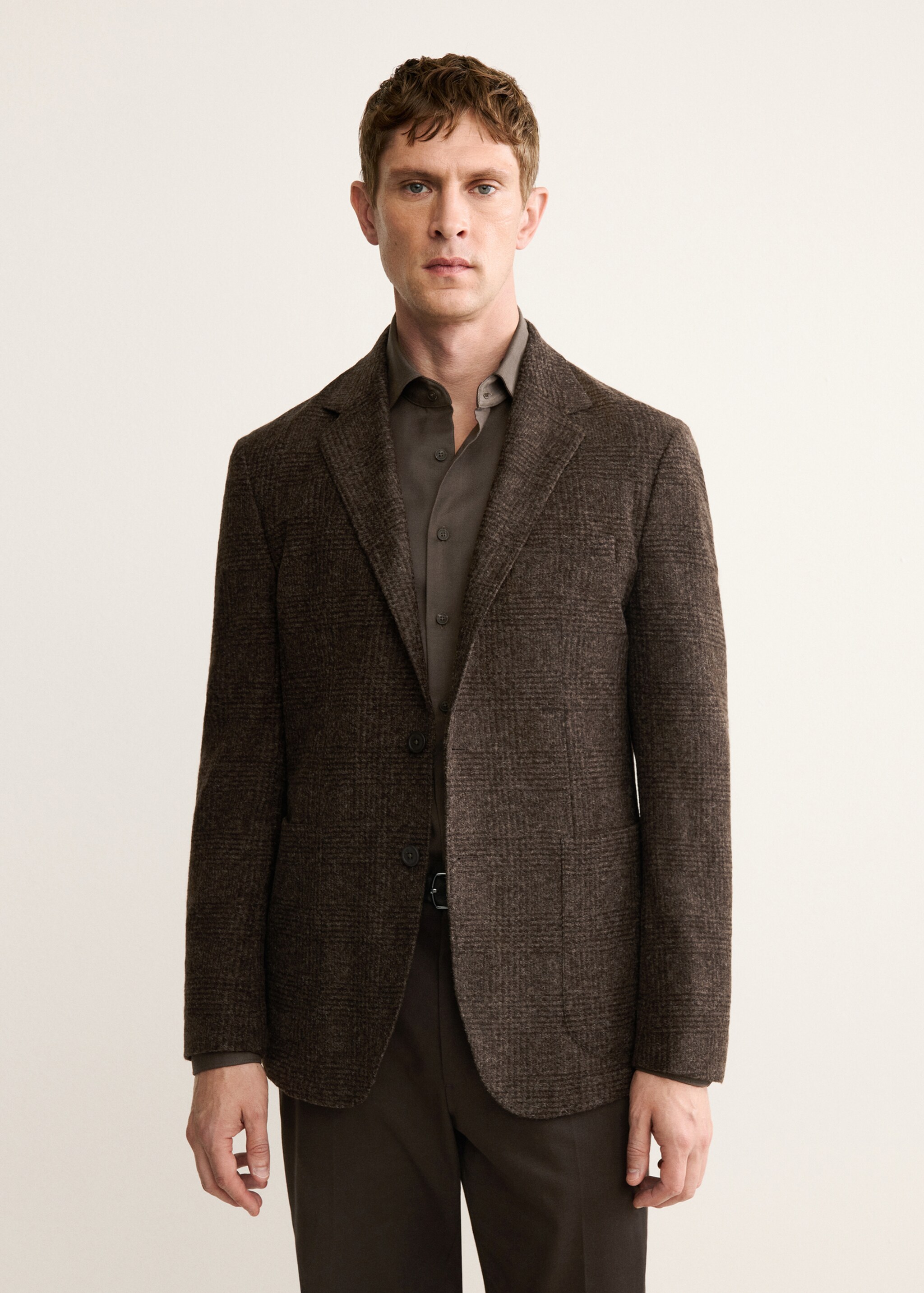 Σακάκι slim fit μαλλί μικροσκοπικά καρό - Μεσαίο πλάνο, Καφέ. Ref: 17088272-01.