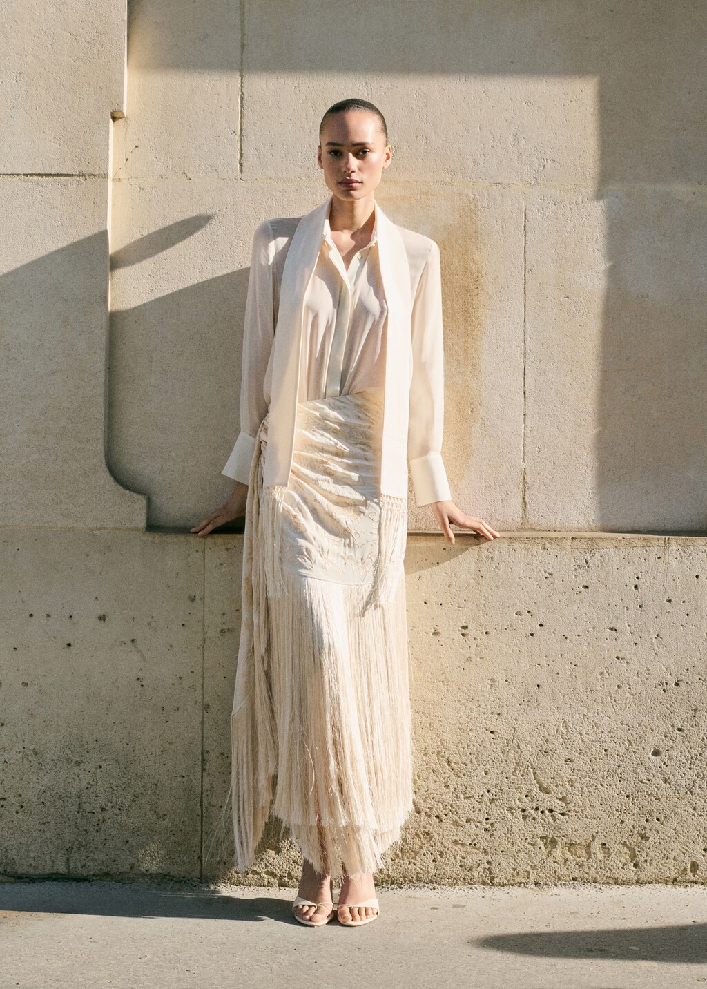 Pareo-style skirt with embroidered fringe