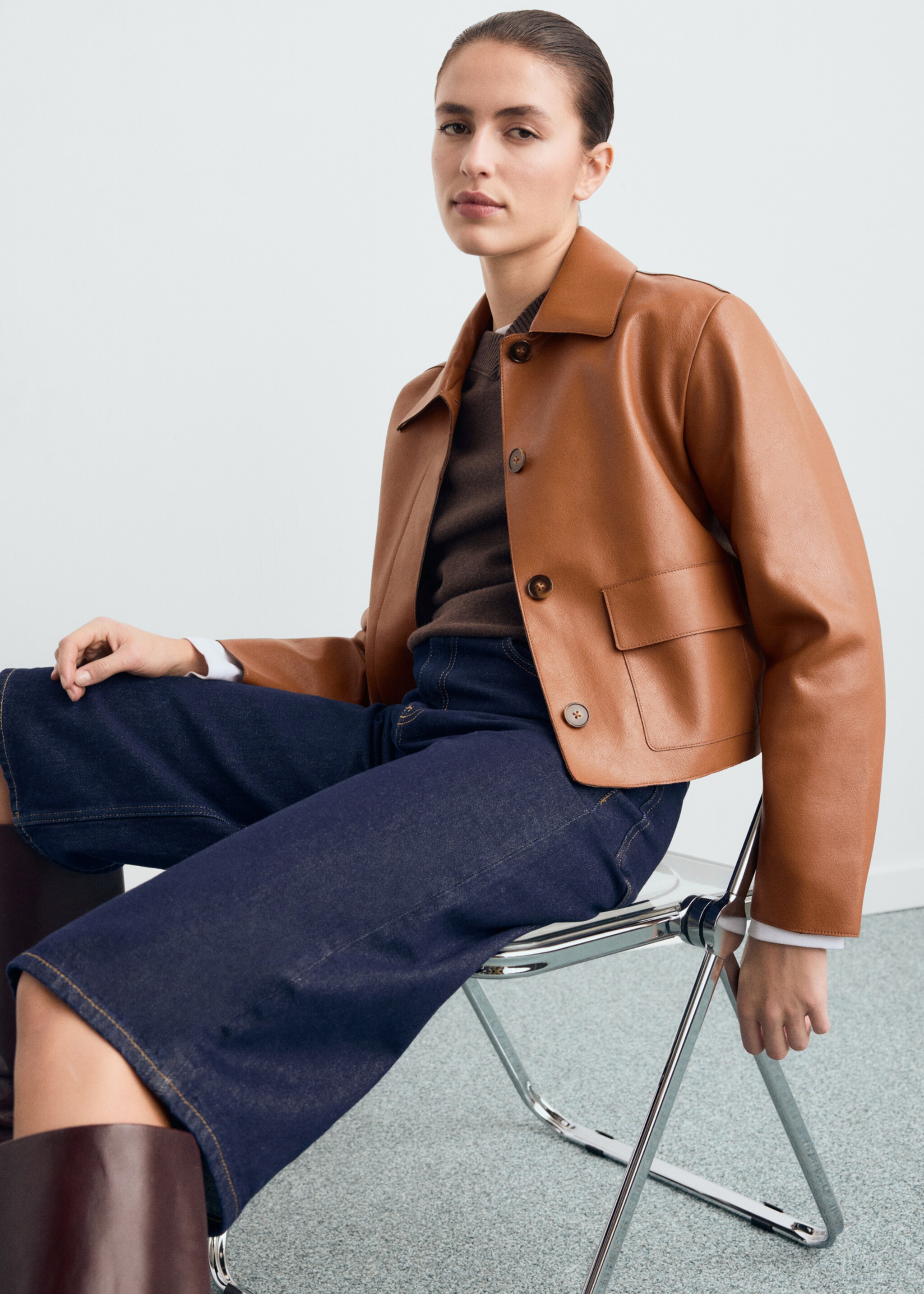 Jaqueta efecte pell butxaques - Detall de l'article 2, Marró mitjà. Ref: 17094433-01.