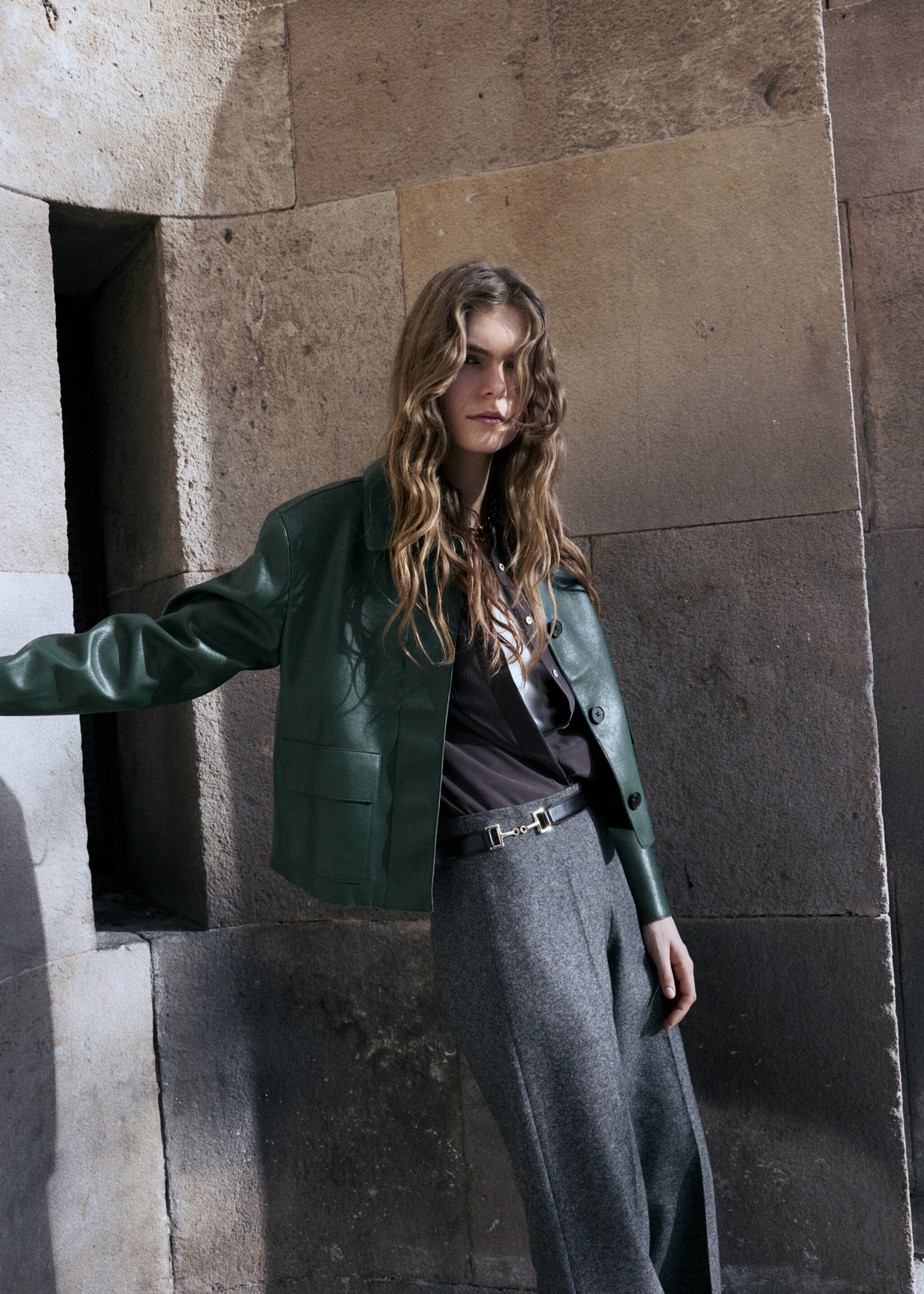 Faux-leather jacket with pockets - Medium plane, Green. Ref: 17094433-01.